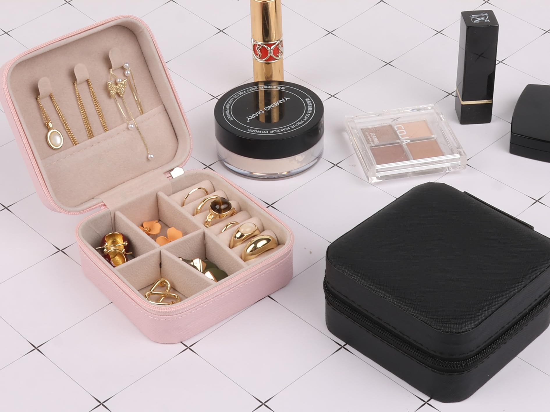 OceeK Mini Jewelry Travel Case,Pink Travel Jewelry Case,Small Travel Jewelry Organizer, PU Leather Travel Jewelry Organizer Box Double Layer Travel Accessories,Pink,1 Pack