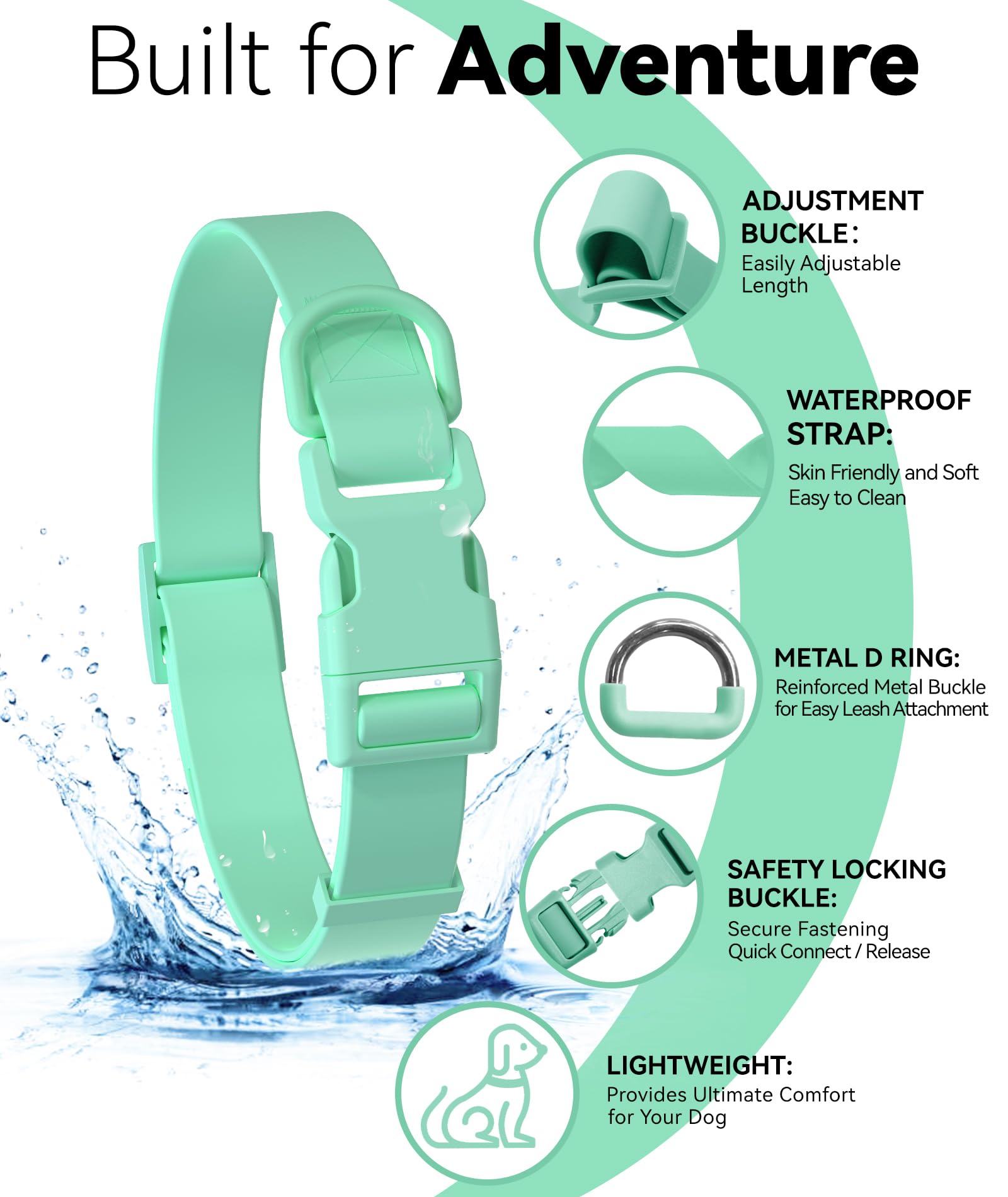 Waterproof Dog Collar, Rubber Adjustable Collars with Quick Release Buckle, Odor-Resistant, Easy to Clean Pet Collars for Small Medium or Large Dogs (Turquoise, L 15.4-24.8 inch)