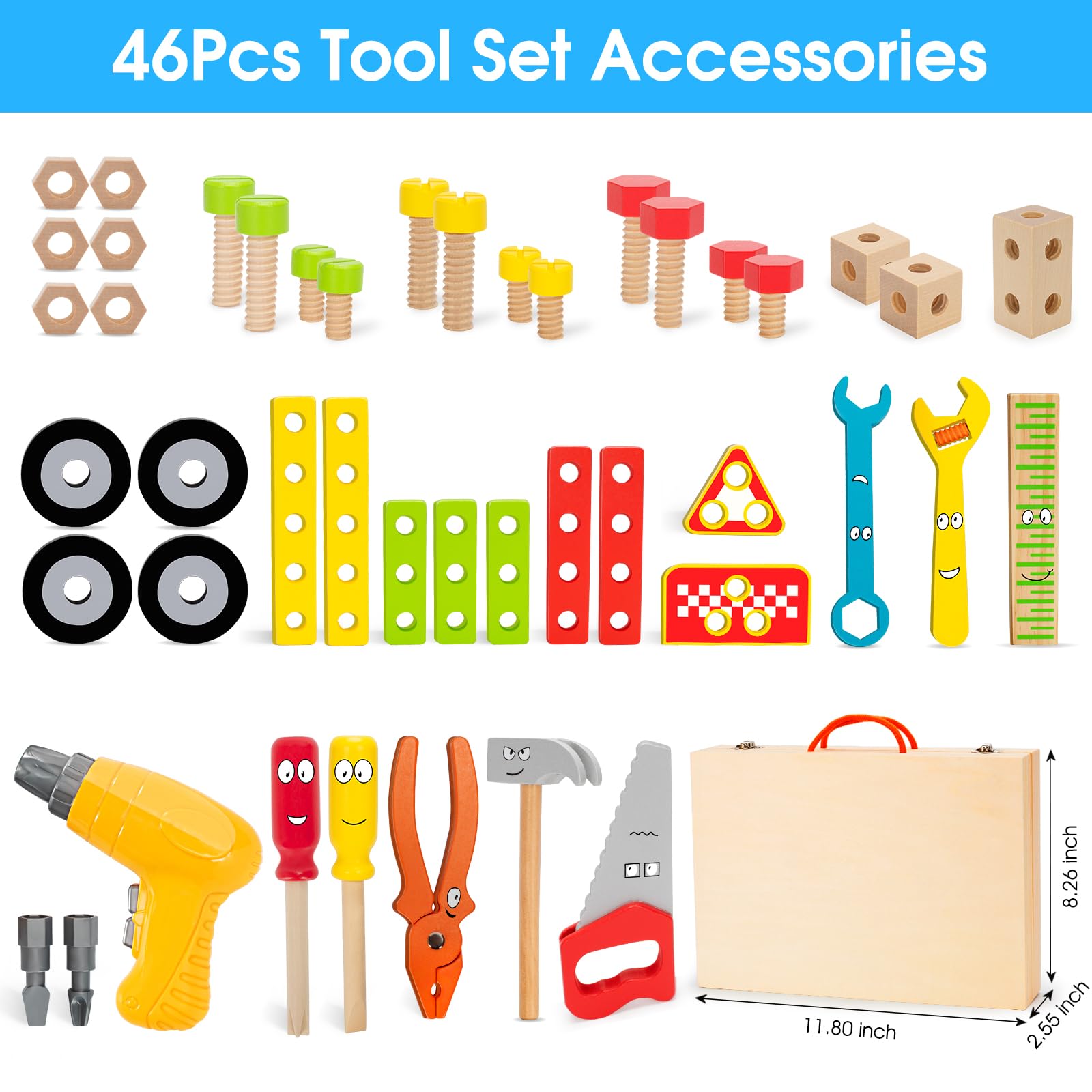 Kids Tool Set Toys for 3, 4, 5, 6, 7 Year Old Boys, Wooden Toddler Tools Set with Electric Drill & Tool Box, Montessori STEM Educational Construction Building Toy, Xmas Birthday Gifts for Boys Girls