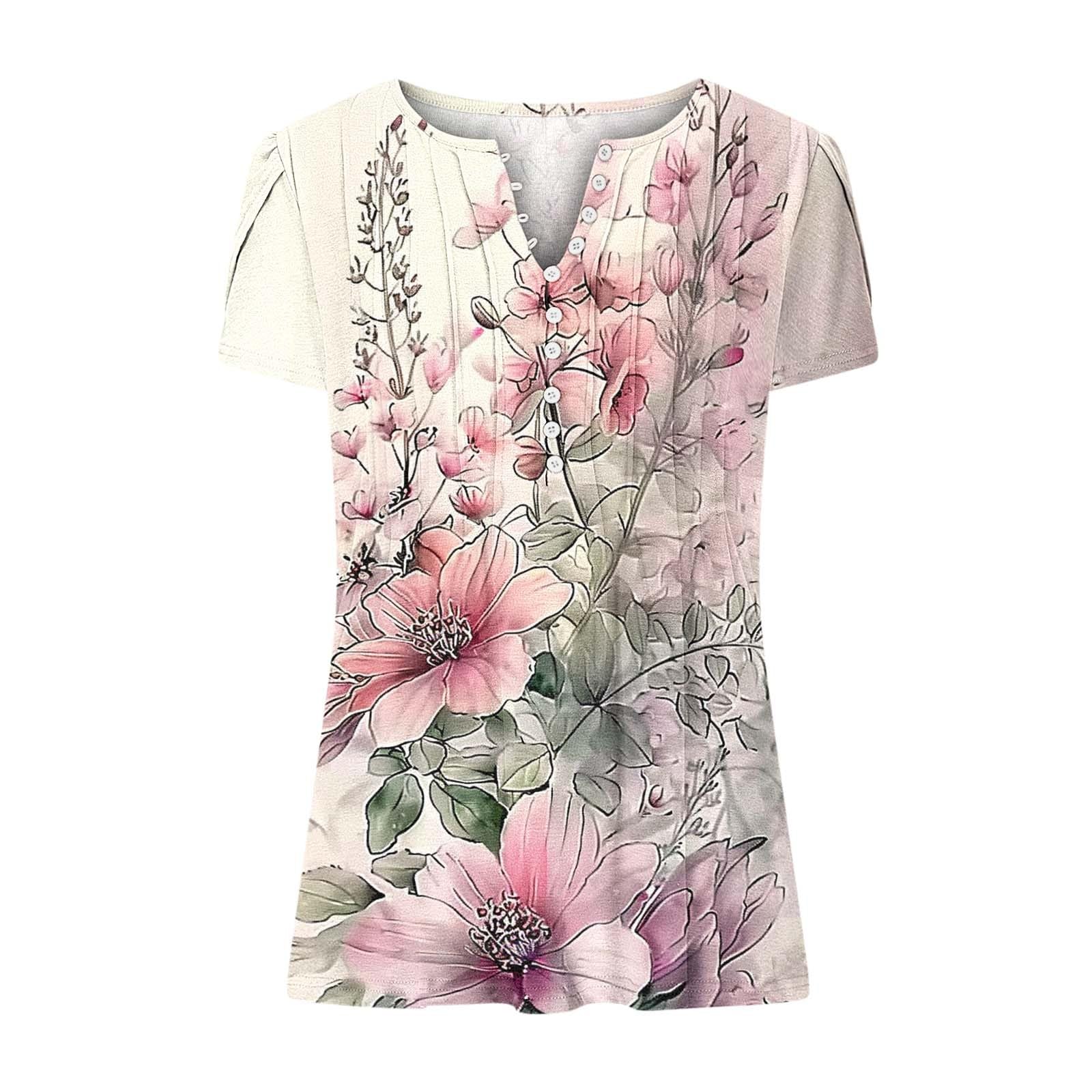 Summer Tops for Women Dressy Casual Boho Floral Short Petal Sleeve Tunic Shirts Pleated Button V Neck Henley Blouses Pink Corset Tops for Women L