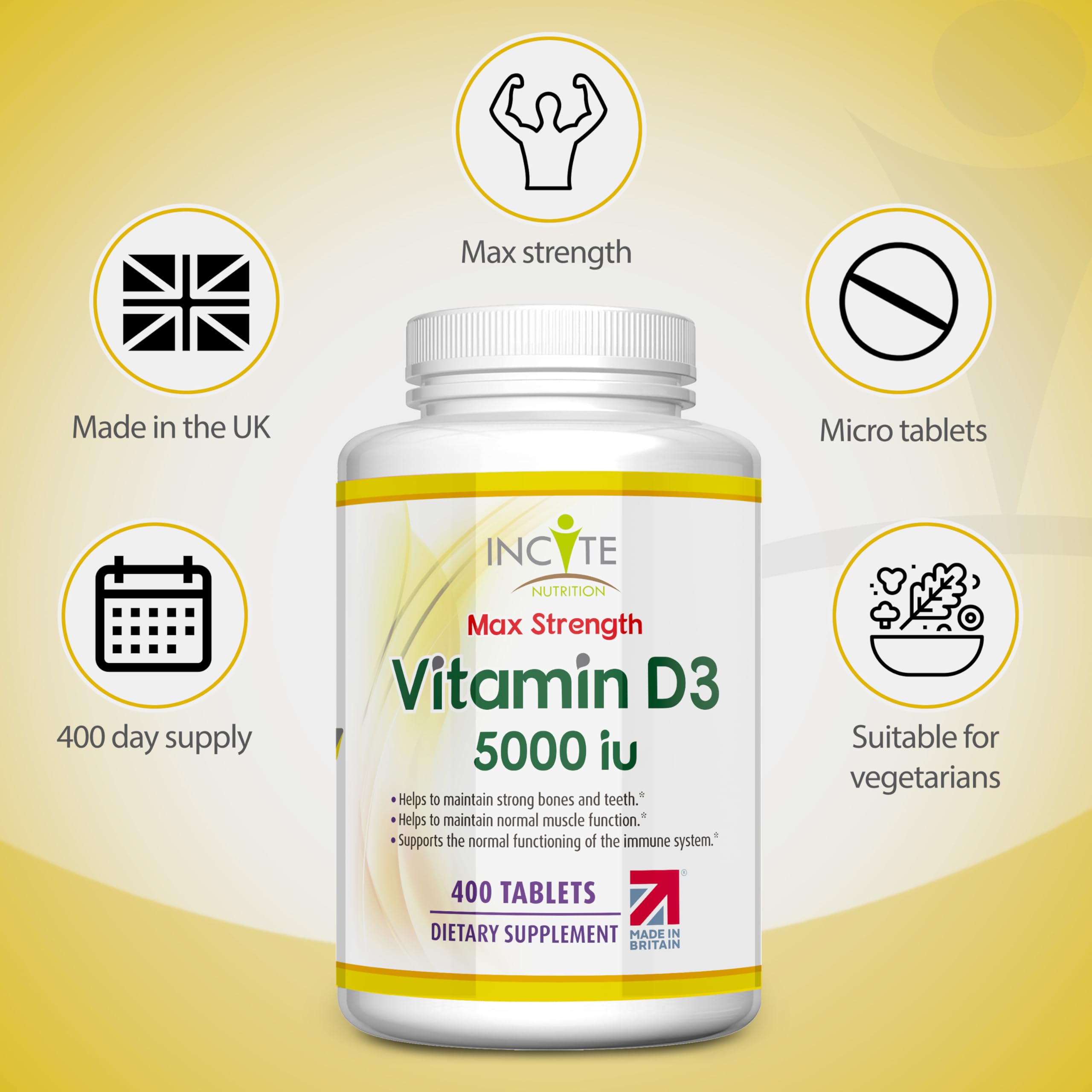 Incite Nutrition Vitamin D 5000 iu - 400 Premium Vitamin D3 Easy-Swallow Micro Tablets - One a Day High Strength Cholecalciferol VIT D3 5000iu - Vegetarian Supplement - Made in The UK