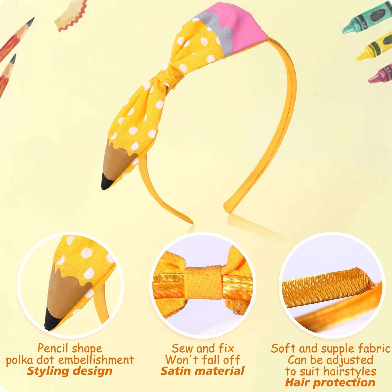HOXIEYA Back To School Headband Cute Yellow Pencil Headband for Girls Bow School Hair Band Hair Accessories Back To School Outfits