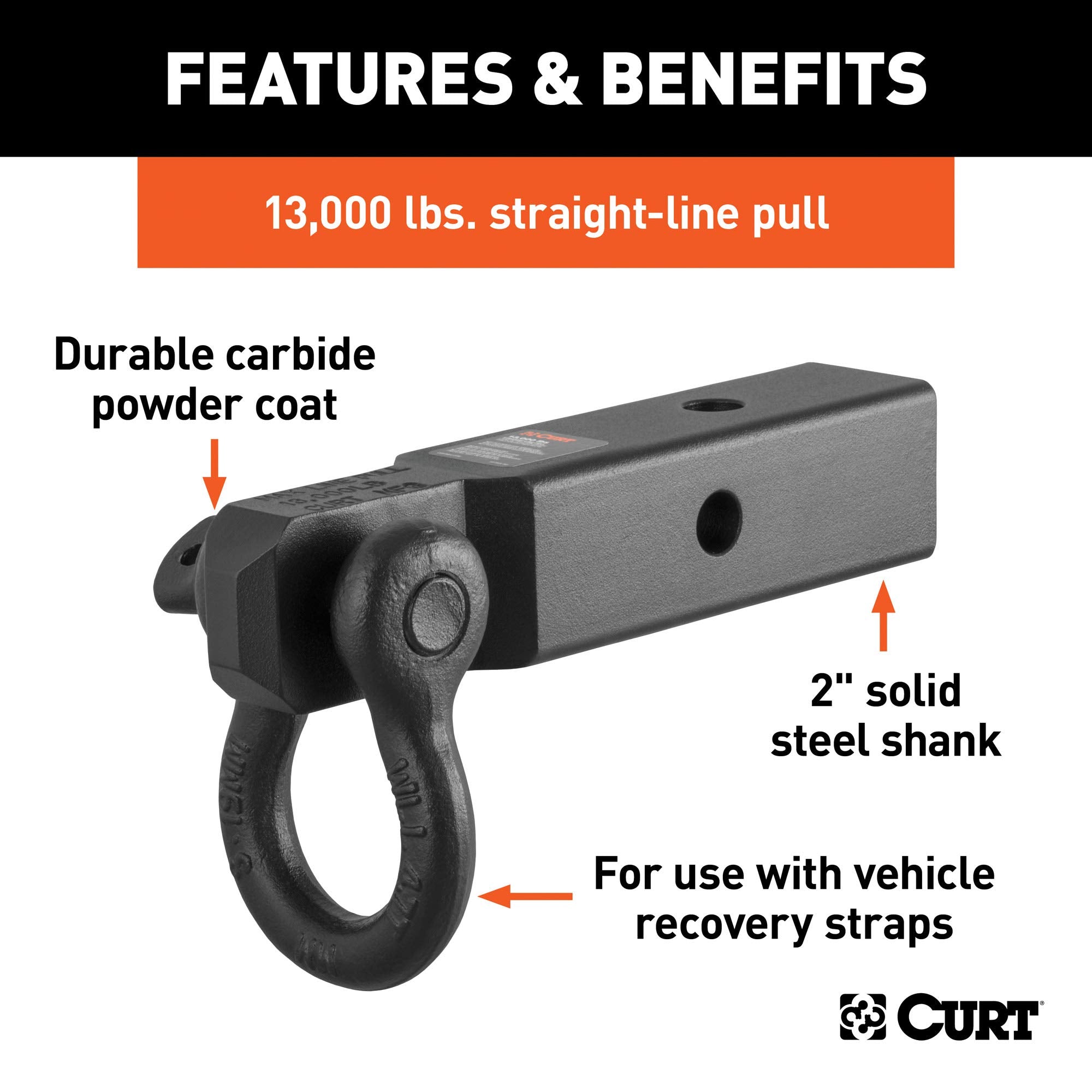 CURT 45832 D-Ring Shackle Mount Trailer Hitch, Fits 2-Inch Receiver, 13,000 lbs, CARBIDE BLACK POWDER COAT