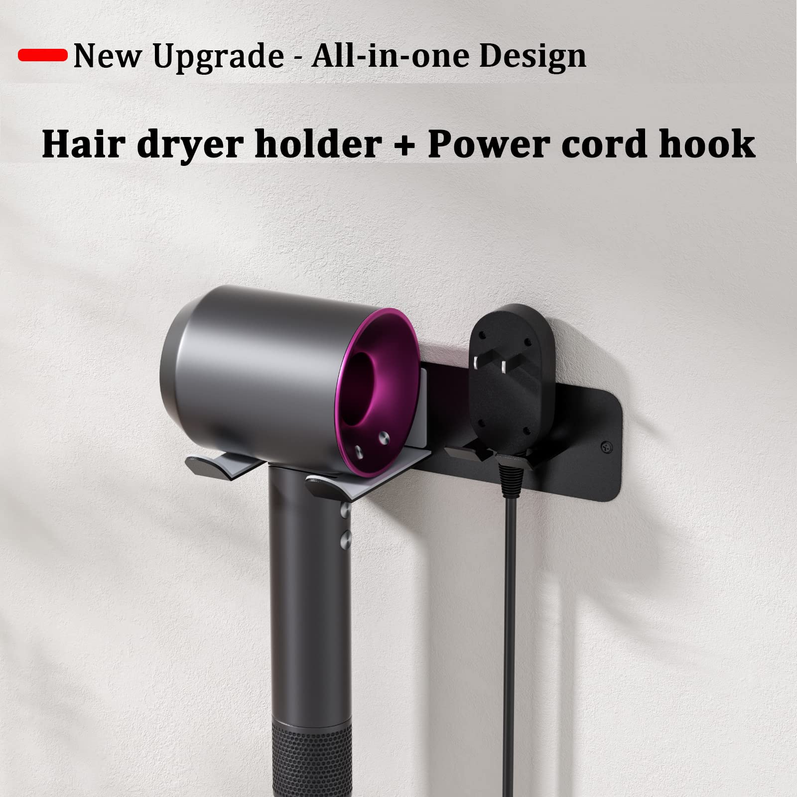 JNIHEEP Hair Dryer Holder Wall Mounted, New Upgrade Stainless Steel Self Adhesive Blow Dryer Holder Rack for Dyson Supersonic Hair Dryer,Black