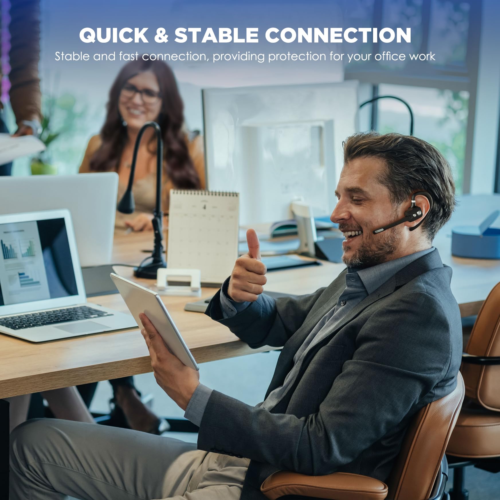 ICOMTOFIT Bluetooth Headset, Wireless Bluetooth Earpiece with Dual-Mic & Noise Canceling, V5.3 Hands-Free Single Ear Headset with Charging Case for Trucker, Office, Designed for Ergonomics