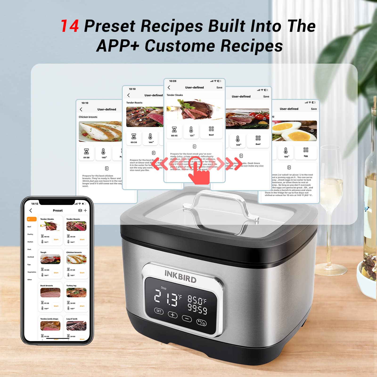 Inkbird Wifi Sous Vide Cooker,700W Sous Vide Machine, 8 Quart Water Oven with Rack Divider and 14 Preset Recipes, 3D Water Circulation Rapid Heating,Wifi Control & Timmer- All-in-One Sous Vide Pot