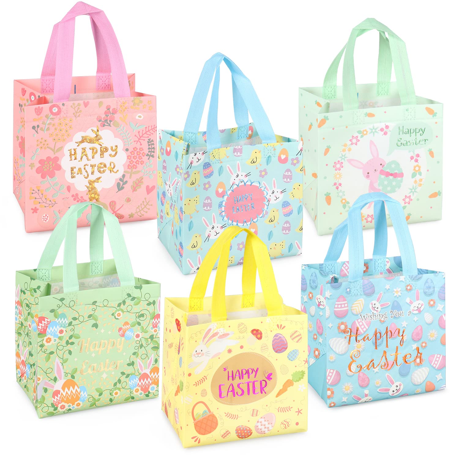 Aviski 6PCS Happy Easter Egg Hunt Bags Bunny Carrot Chick Egg Gift Bag with Handles, Easter Treat Bags, Non-Woven Gifts Wrapping, Spring Party Supplies