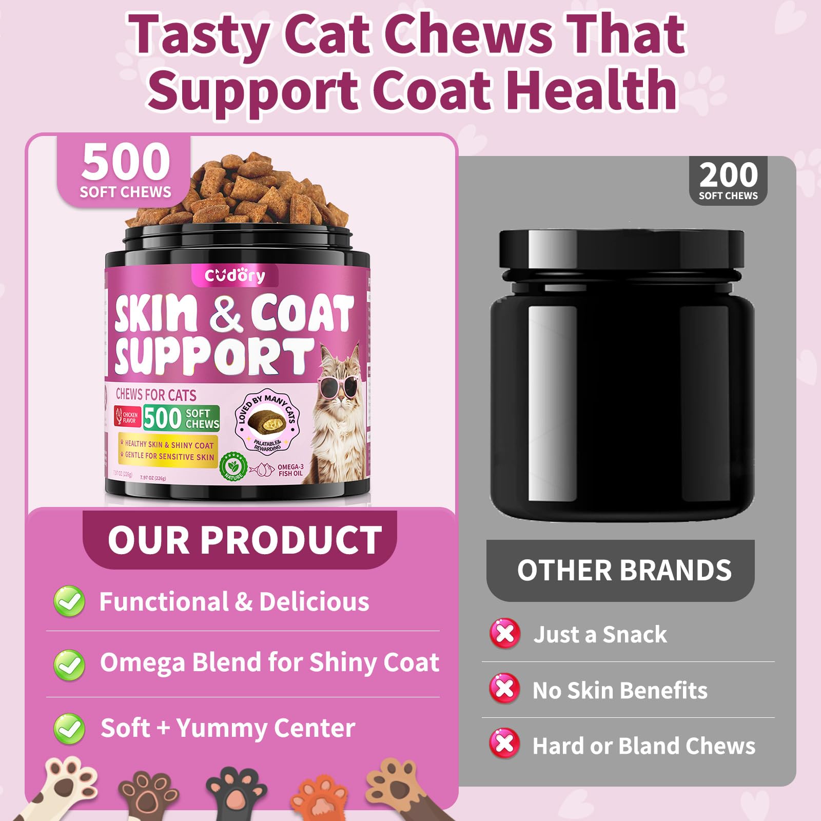 Natural Skin and Coat Support for Cats - Crunchy & Creamy Chews with Omega 3, Biotin & Vitamin E for Healthy Skin, Shiny Fur, Cat Supplements & Vitamins -Chicken(500 Chews