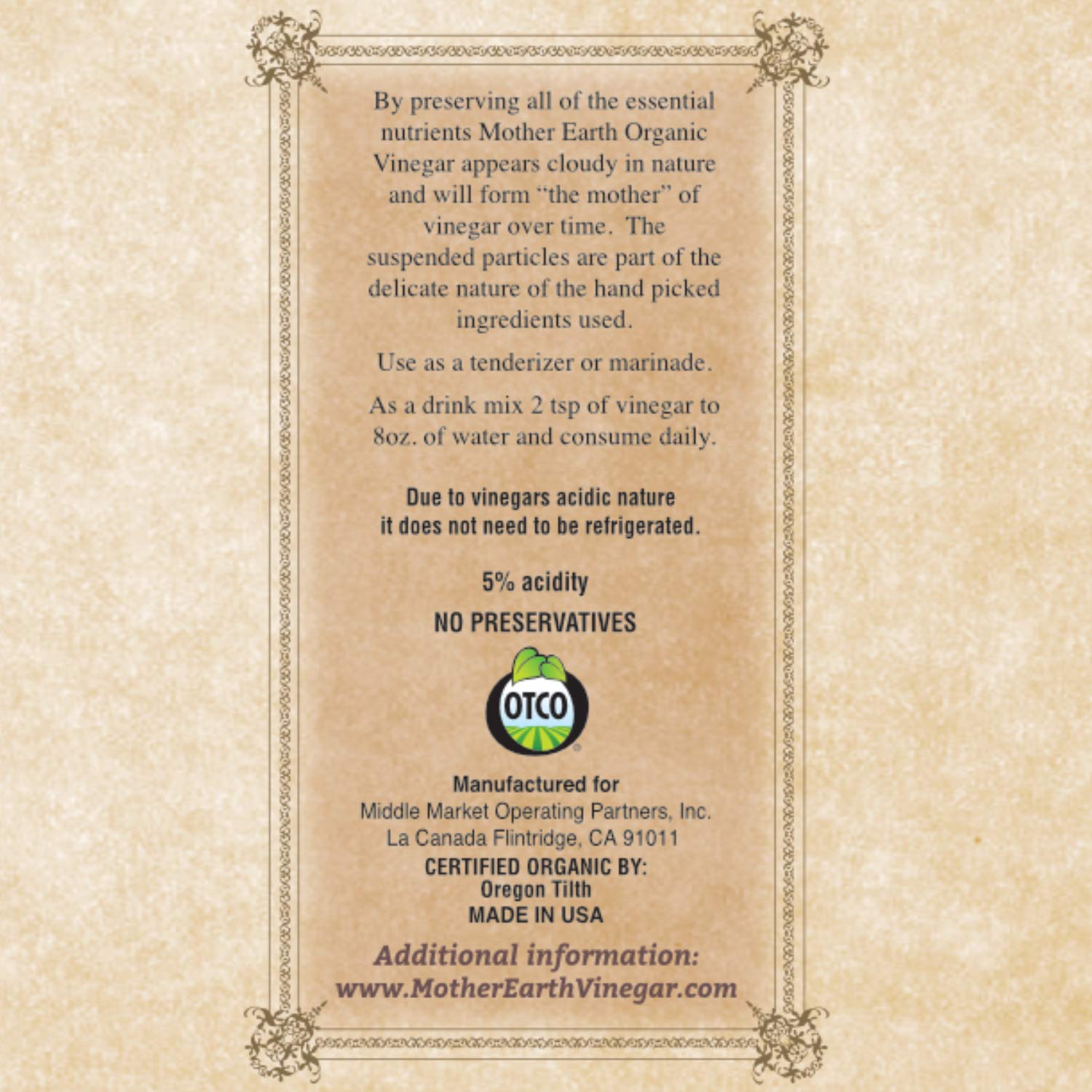 Mother Earth, Organic Apple Cider Vinegar with The Mother, Half Gallon, Fresh Pressed Organic Apples, OACV, ACV, Raw, Unpasteurized, Unfiltered (1/64oz Bottle)