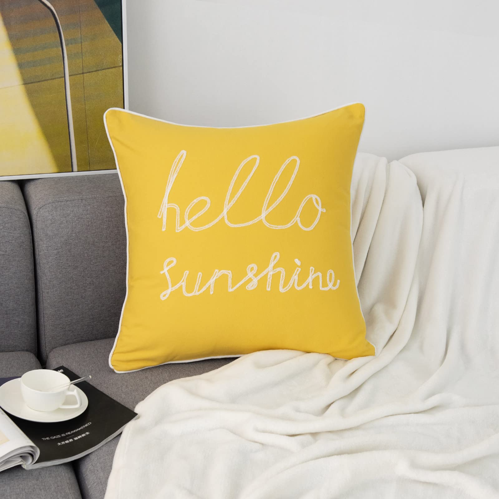 YIcabinet Set of 2 Soft Soild Decorative Square Throw Pillow Covers Yellow Hello Sunshine Pillow for Sofa Bedroom Car 20x20 Inch
