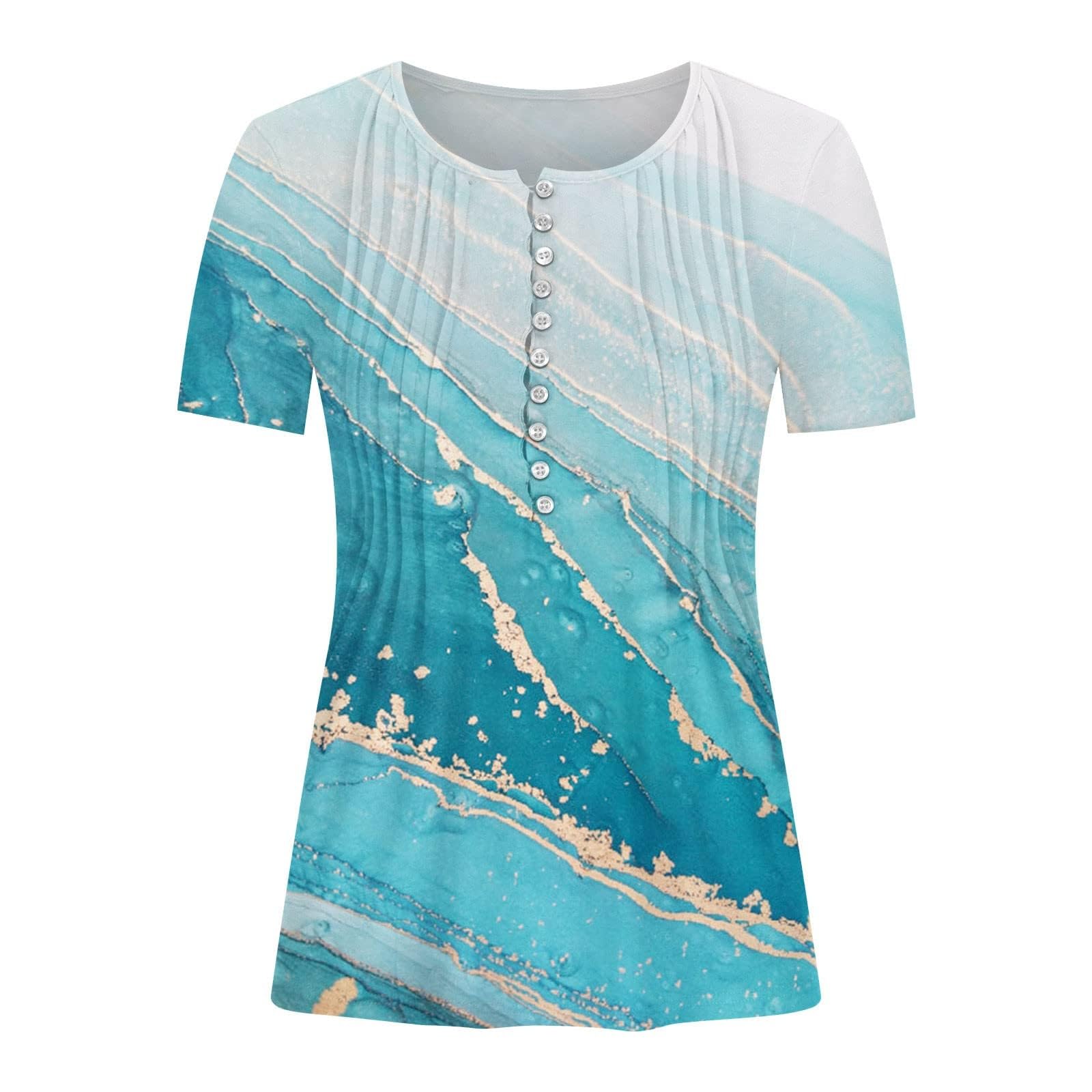 Summer Tops for Women 2025 Trendy Boho Floral Print Tunic Shirts Short Sleeve Button v Neck Tshirt Casual Loose Blouse 5-Blue Medium