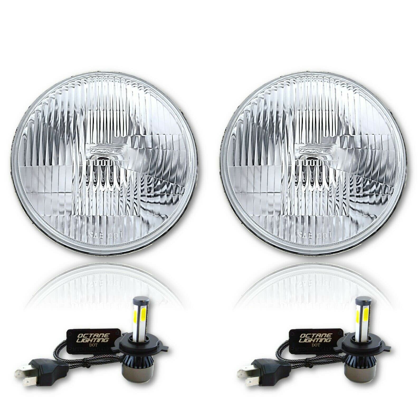 Octane Lighting 7 Inch Stock Style H4 Glass Headlight LED 4000 Lumens 20/40w Light Bulb Headlamp Pair