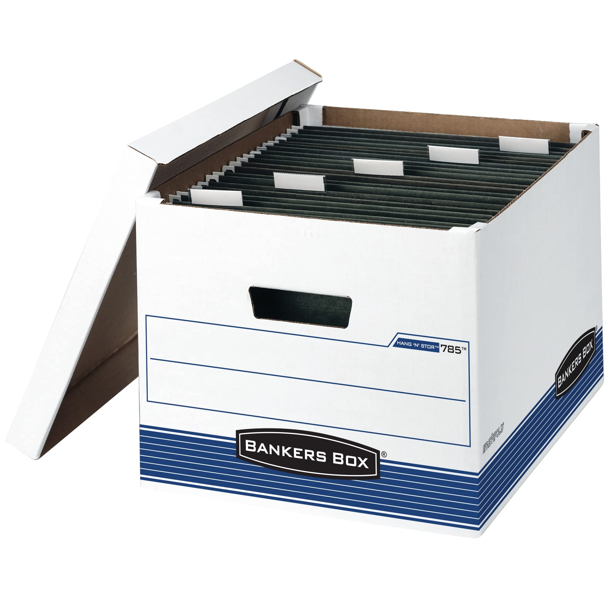 Bankers Box 4 Pack HANG'N'STOR Medium-Duty File Storage Boxes, FastFold, Lift-Off Lid, Letter/Legal, White/Blue