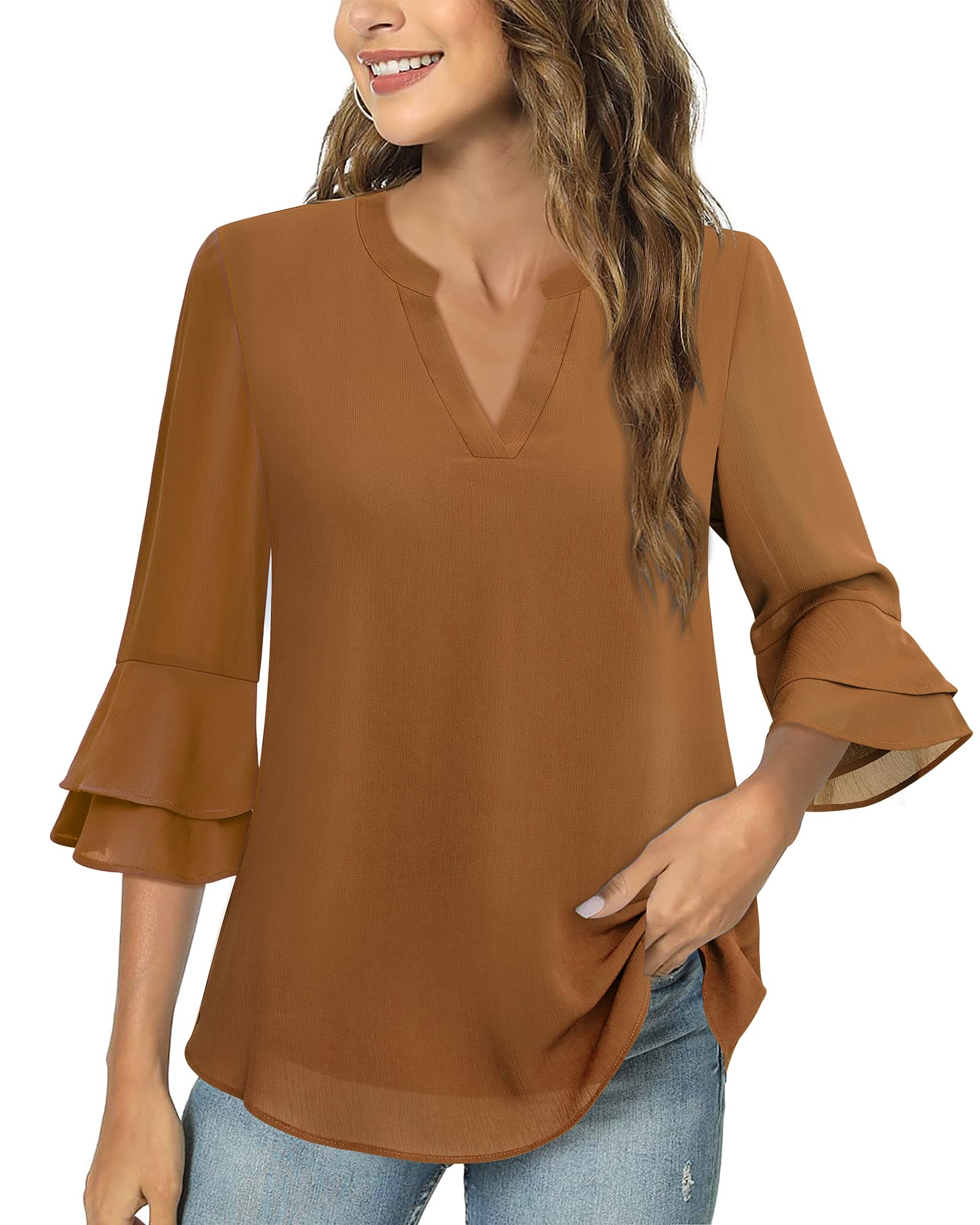 Lotusmile Work Tops for Women Business Casual, 3/4 Bell Sleeve Office Tops for Women Notch V Neck Double Layered Tunic Shirt Dressy Blouses Elegant (Marmalade, XL)