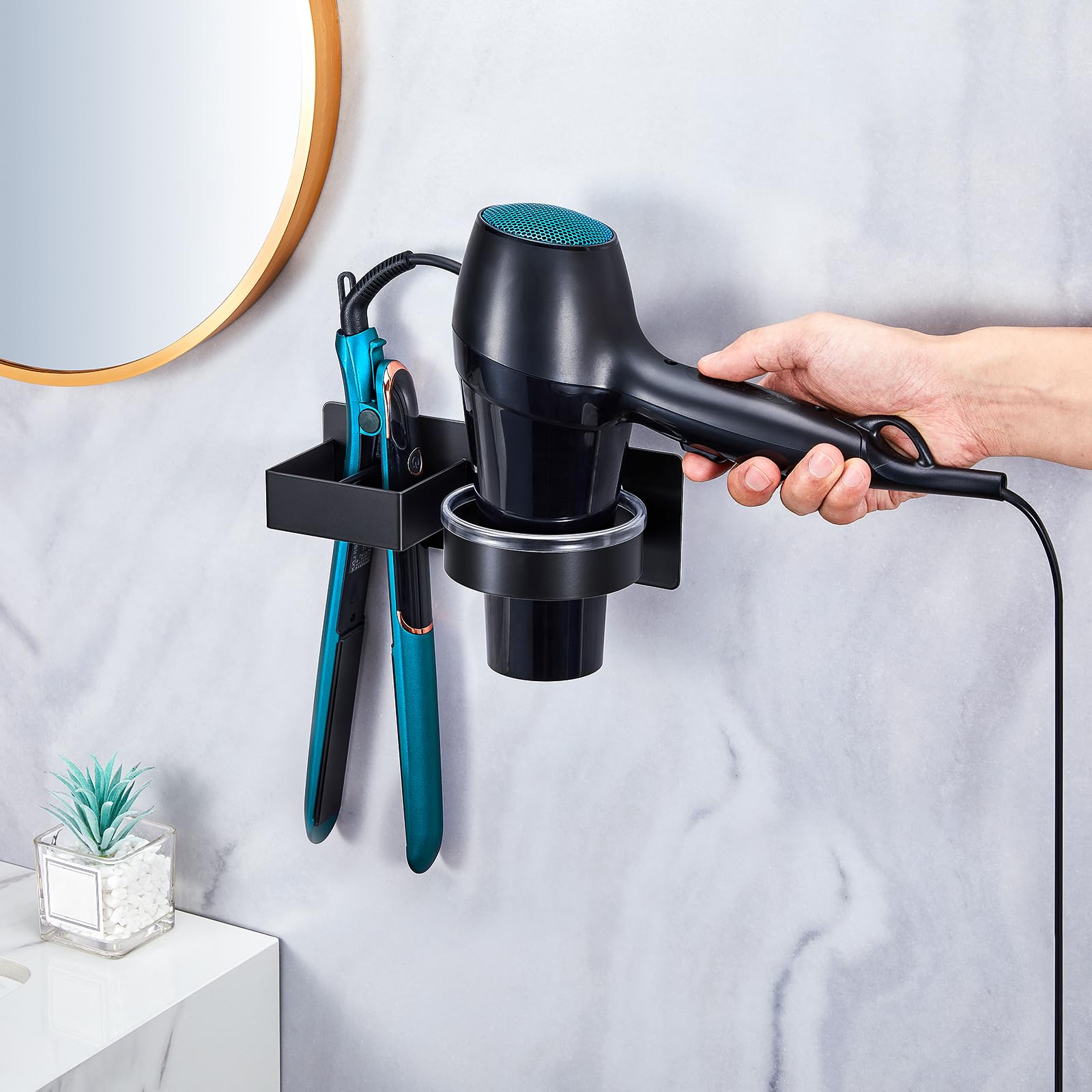 YAYINLI Hair Straightener Holder Wall, Blow Dryer Holder Wall Mounted Hairdryer Holder for Bathroom, Hair Tools Organizer & Storage Curling Iron Holder, Salon Hair Dryer Holder (Black)