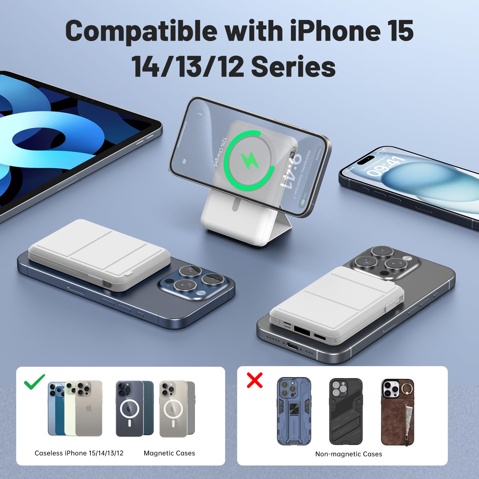 Azmuth for Magsafe Battery Pack, 10000mAh Magnetic Power Bank 22.5W PD Fast Charging with USB-C Cable LED Display Wireless Portable Charger with Stand for iPhone 16/15/14/13/12/Pro (White)