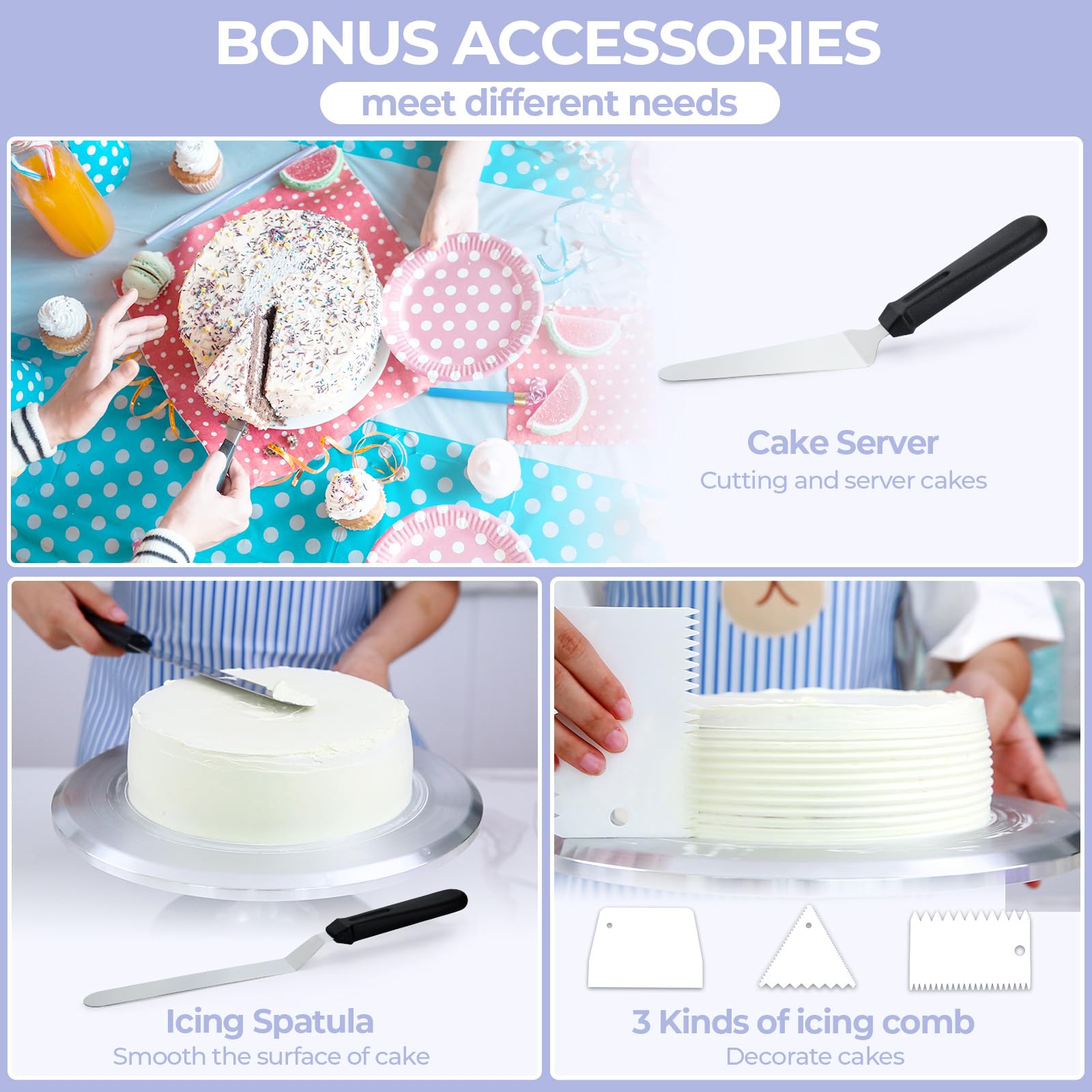 Cake Turntable, Ohuhu Aluminium 12'' Cake Decorating Kit Supplies Rotating Stand Revolving Spinner with 2 Icing Spatula 3 Comb Smoother