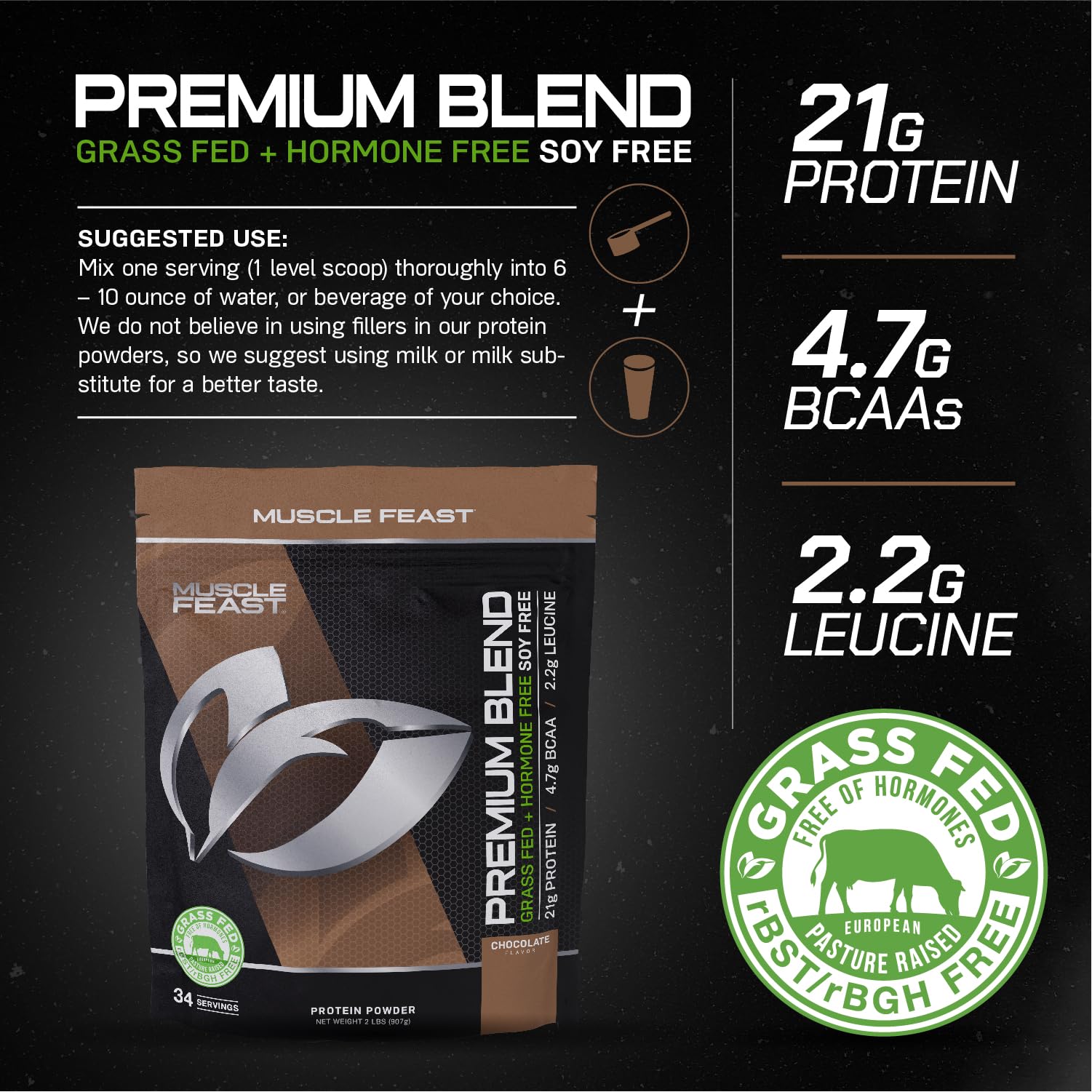 Muscle Feast Premium Blend All Natural Hormone Free Grass-Fed Whey Protein Powder, Chocolate, 2lb