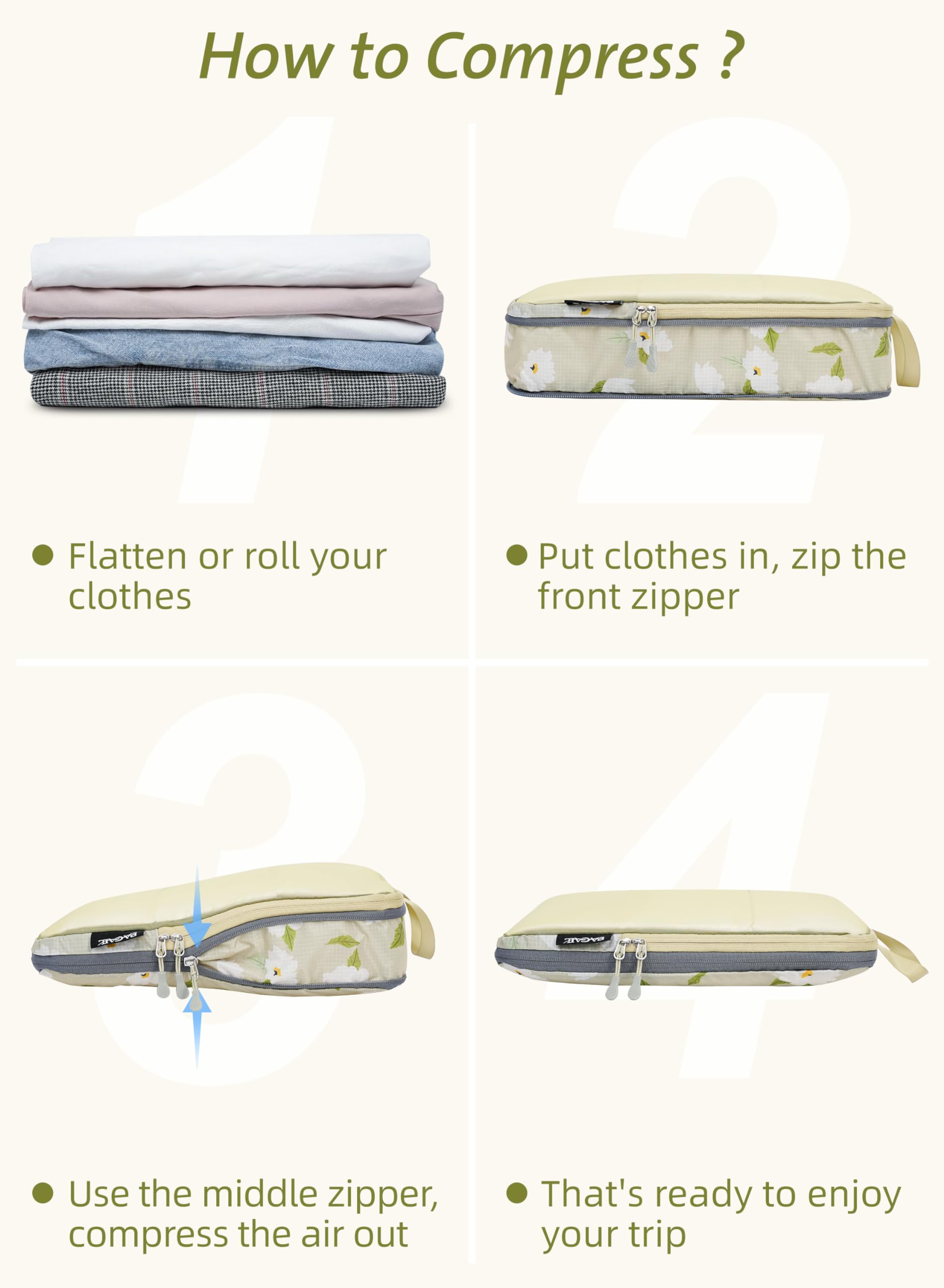 Bagail Ultralight Packing Cubes 7 Set, 3 Compression Packing Cubes 3 Packing Organizers With 1 Shoe Bag-Flower Mesh