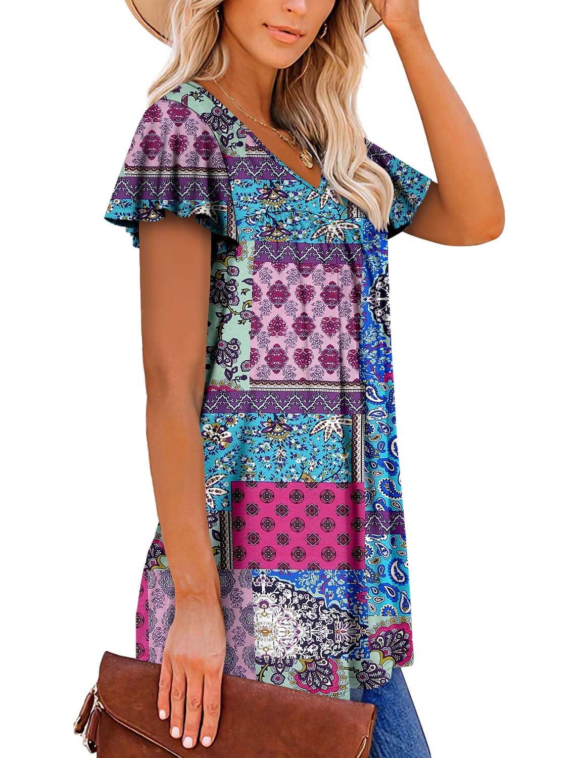 Womens Ruffle Short Sleeve Tunic Tops V Neck Loose Fit Flowy Blue Blocks Summer Tops XXL