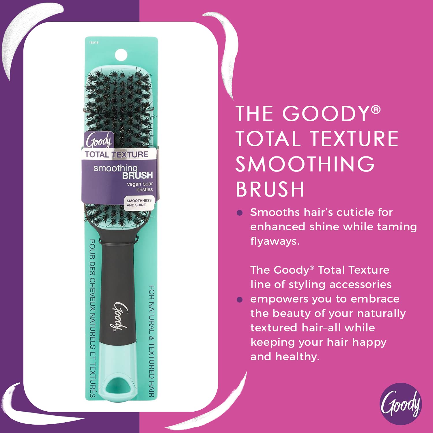 Goody x Total Texture Smoothing Brush - Vegan Boar Bristles Help Condition and Smooths Hair Cuticles for Enhanced Shine Shine - For Natural and Textured Hair - Non-Slip Grip