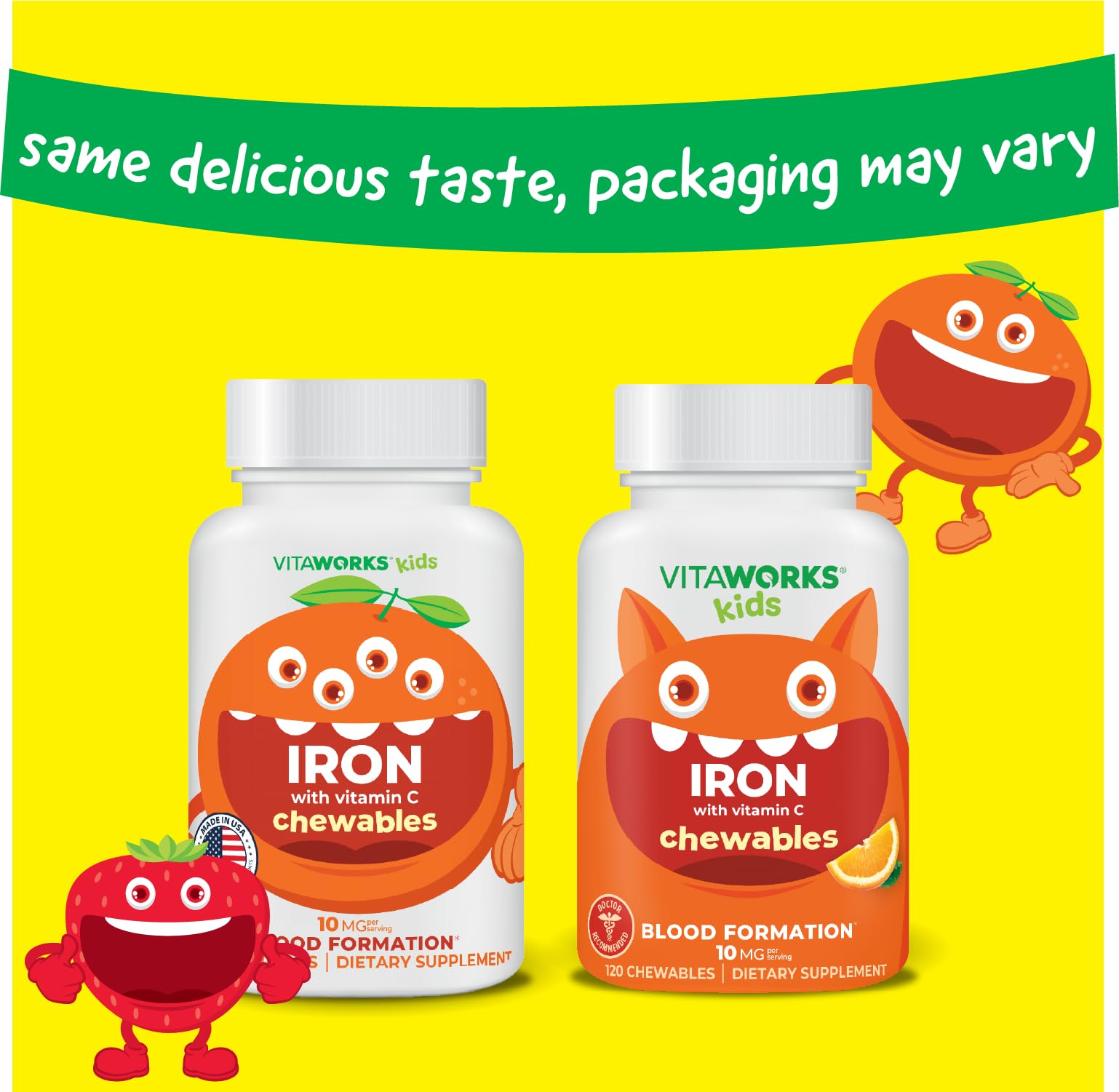 VitaWorks Kids Iron 10mg with Vitamin C 50mg Chewable Tablets - Tasty Natural Flavored - Vegan, Vegetarian, GMO-Free, Nut Free - Dietary Iron Supplement - Blood Formation for Children - 120 Chewables