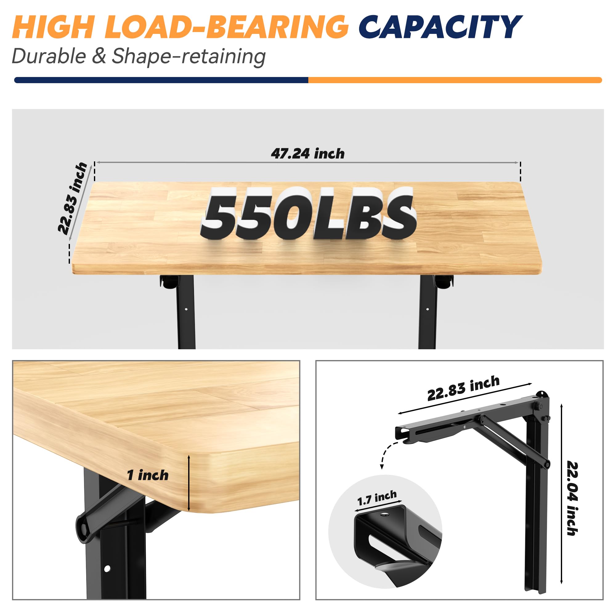 Ultrawall 48" Wall Mounted Folding Workbench, Heavy Duty Foldable Work Table, Collapsible Desk for Workshop, Garage, Office, Home, Holds Up to 550 lb