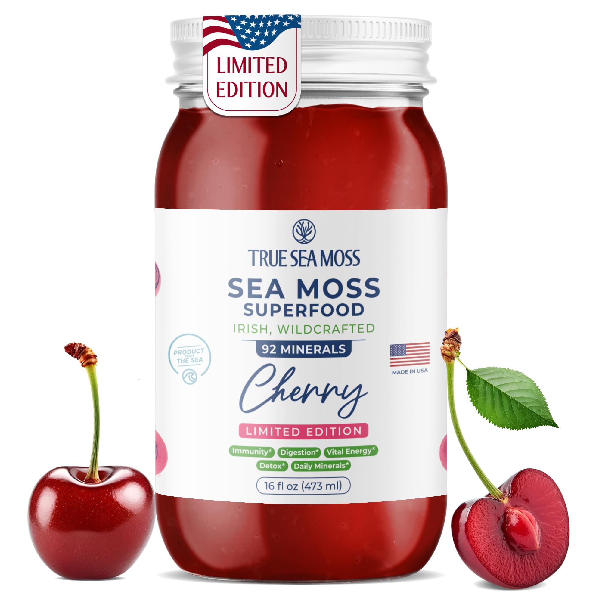 TrueSeaMoss Sea Moss Gel – Made in USA – Wildcrafted Seamoss, Fresh Fruits & Sea Vegetables – Cherry, Pack of 1 (Labels may Vary)