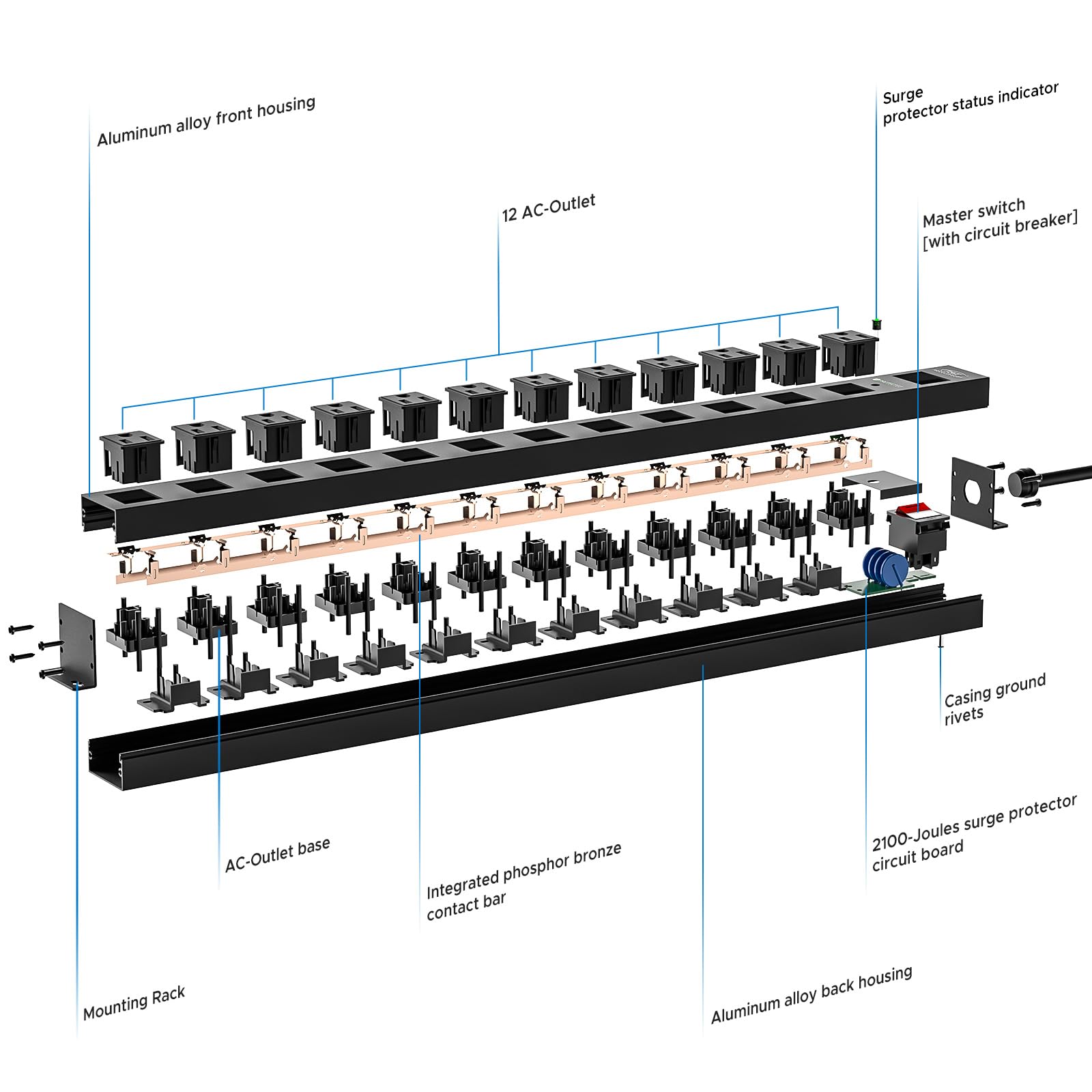 CRST 12 Outlet Metal Long Power Strip, Heavy Duty Surge Protector Mountable Power Strip,2100J,Wide Spaced, 6Ft Cord (15A/1875W)