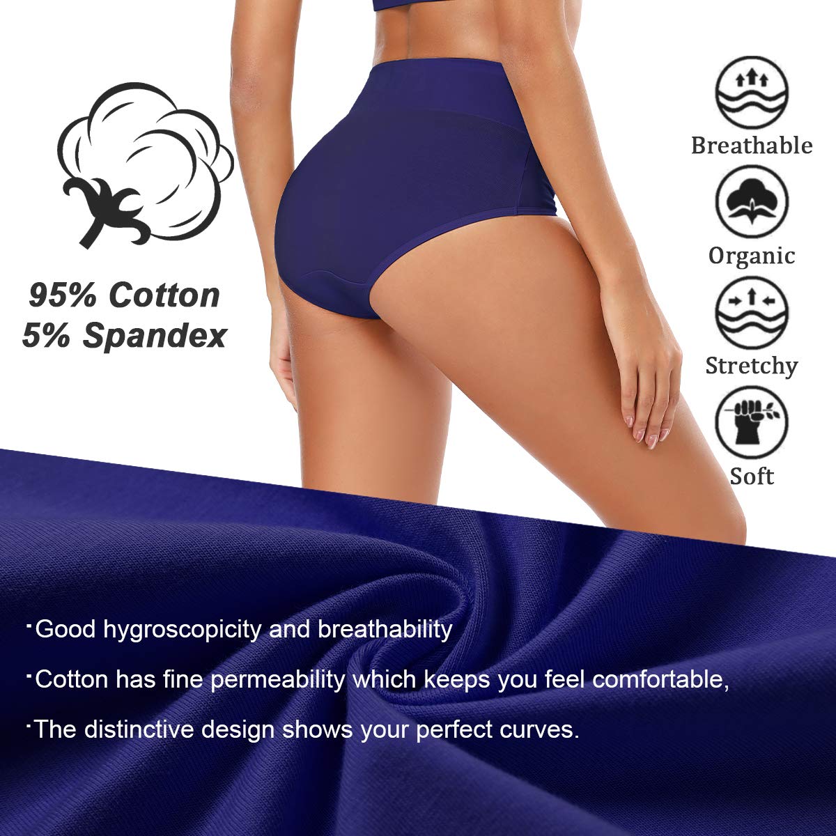 Molasus Women's Soft Cotton Underwear Briefs High Waisted Postpartum Panties Ladies Full Coverage Plus Size Underpants Pack of 5,Medium