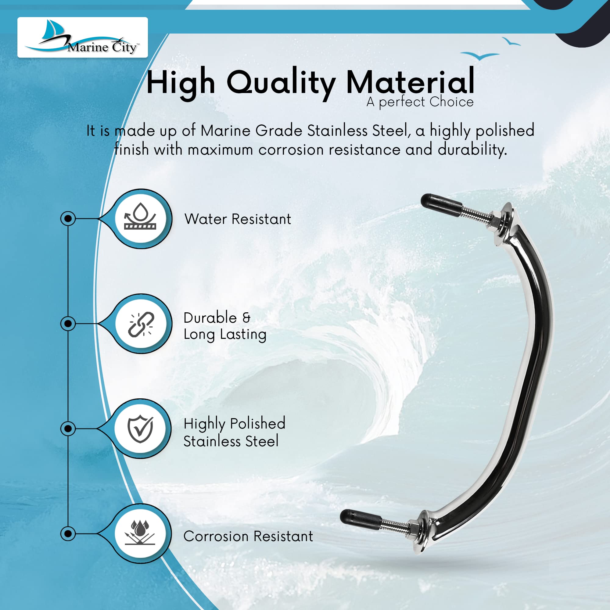 MARINE CITY Stainless Steel Oval Marine Grab Handle/Handrail with Flange and Studs for Boats – Ships – Yachts – Kayaks (8 Inches)