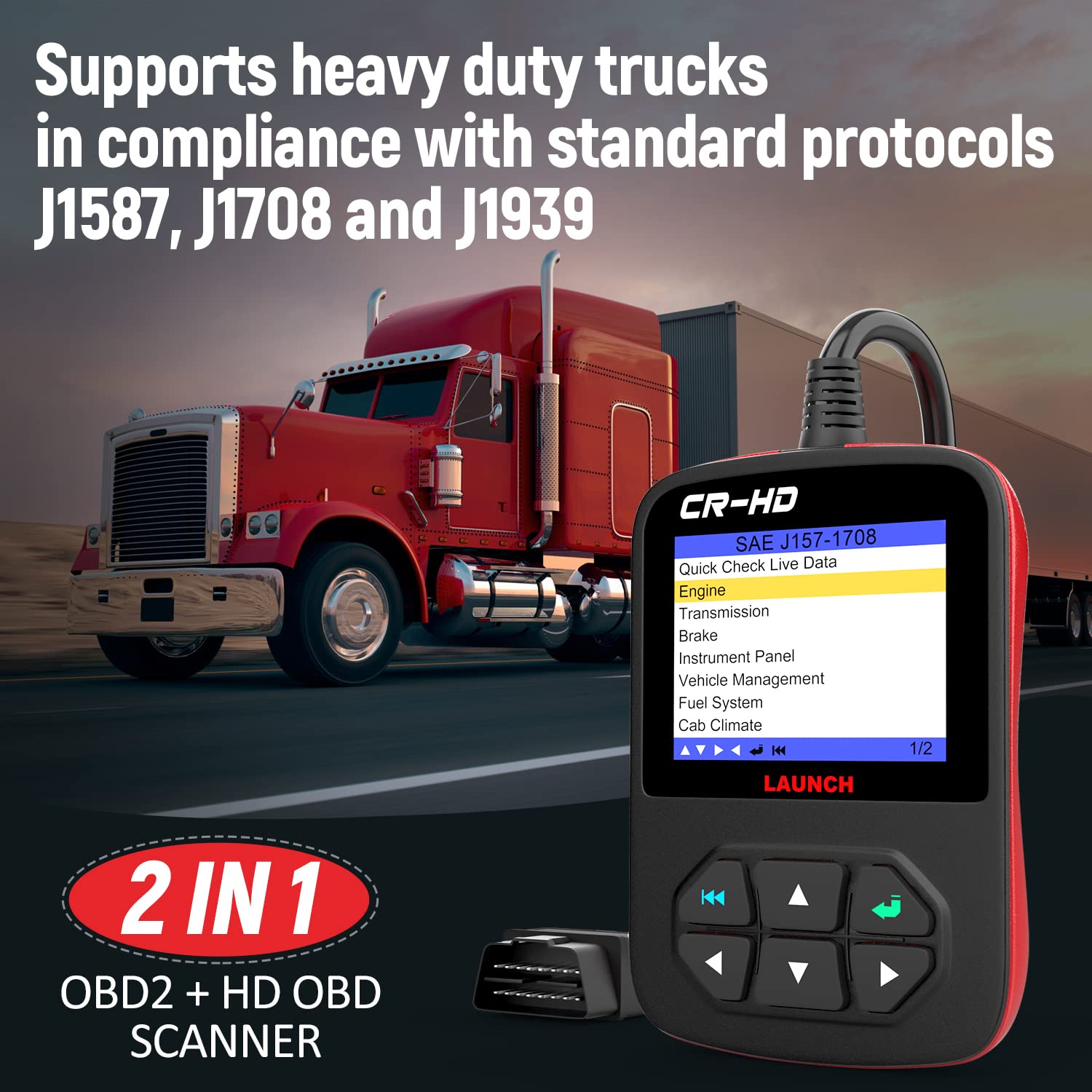 LAUNCH CR-HD Plus Heavy Duty Truck Scanner Diagnostic Scan Tool OBD. EOBD . HOBD Check Engine Diesel Truck & Car 2-in-1 OBD2 Code Reader