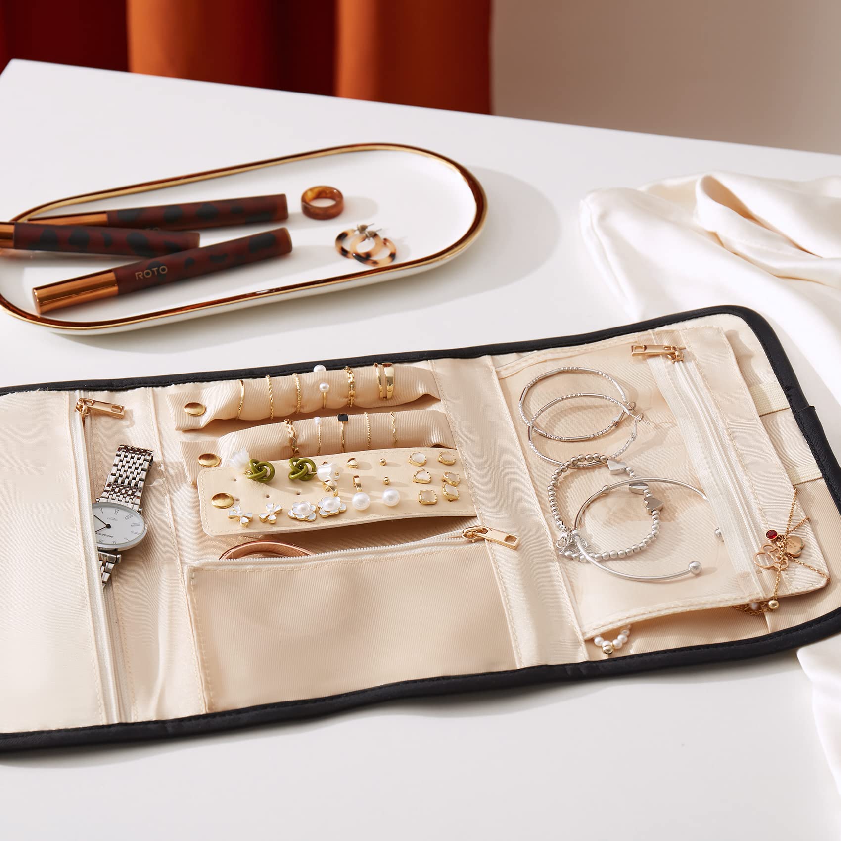 Omnpak Jewelry Organizer Travel Jewelry Case,Foldable Jewelry Roll Jewelry Storage Bag for Necklace, Ring, Earring, Watch,Compact and Easy to Carry