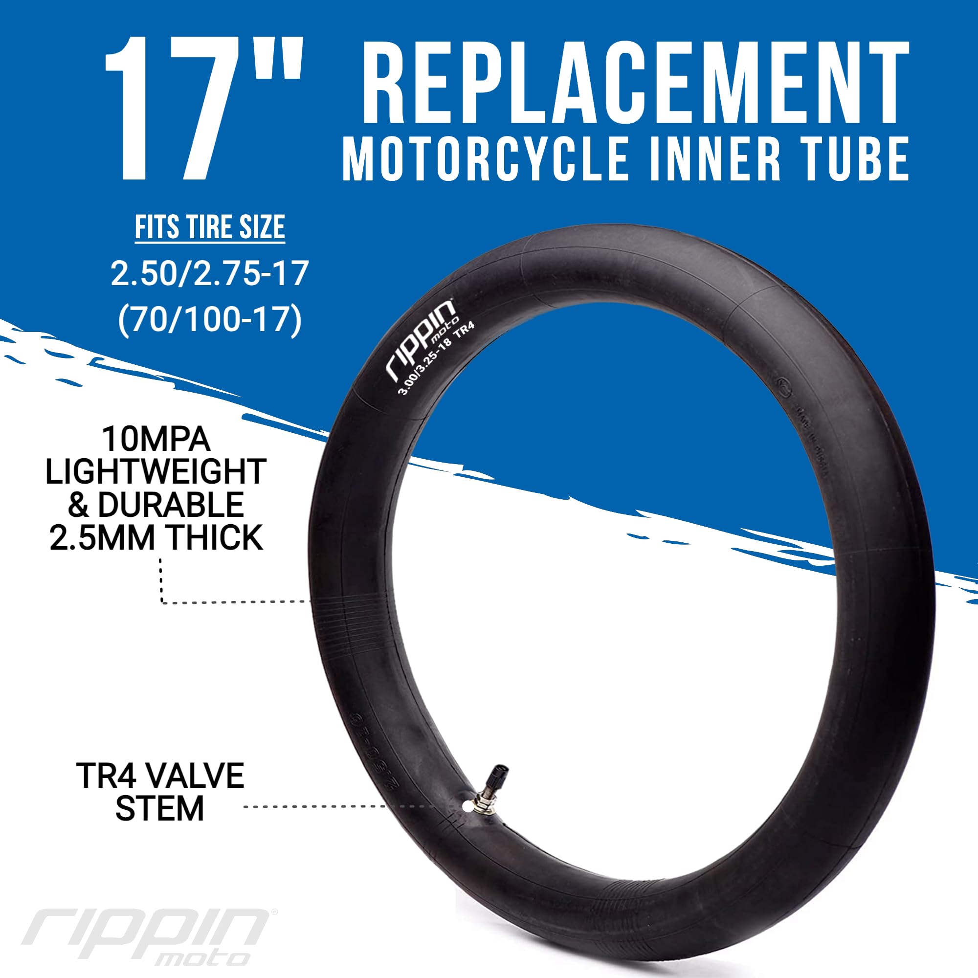Rippin Moto 2.50/2.75-17 Motorcycle Inner Tube (70/100-17) 2.5mm Thick, 10Mpa Durable & Lightweight - 100% Natural Rubber - Fits Most Dirt Bikes, Pit Bikes & E-Motos with 17" Wheels