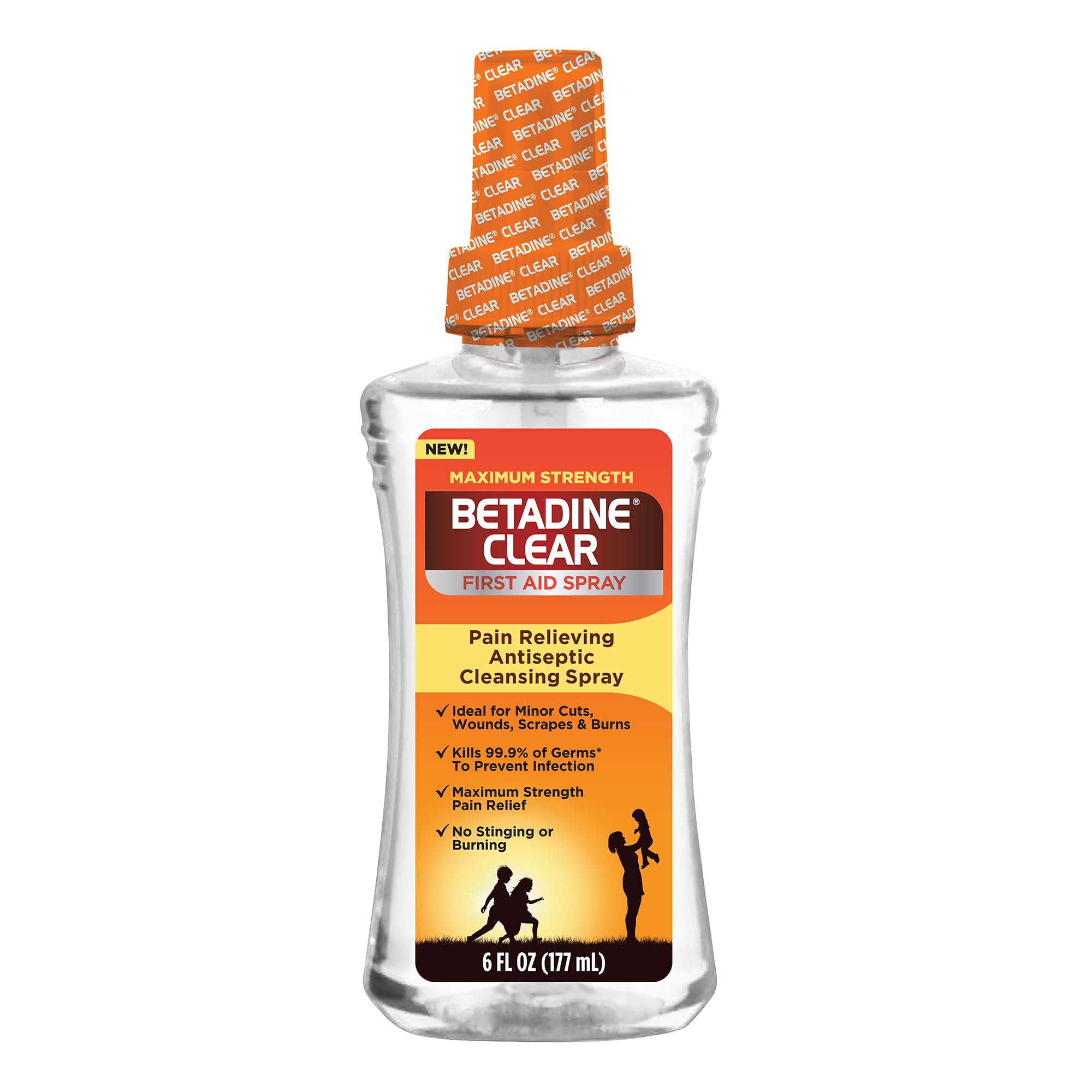 BETADINE Clear First Aid Spray, Max Strength Pain Relieving Antiseptic Cleansing Spray, No Stinging, Kills 99.9% of Germs*, Helps Prevent Infections, 6 oz