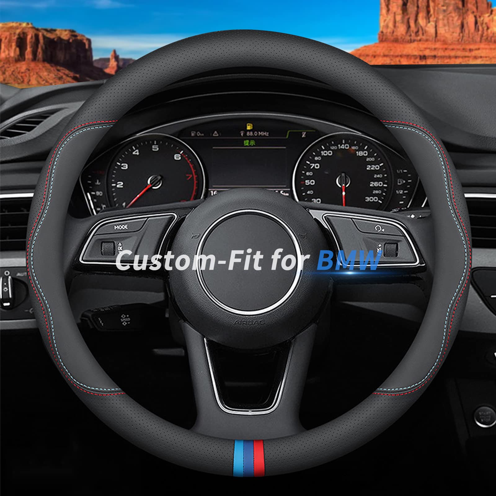 Deer Route Custom-Fit for BMW Steering Wheel Cover, Premium Leather Car Steering Wheel Cover with Logo, Non-Slip, Breathable, for BMW Accessories (C-Style,for BMW)
