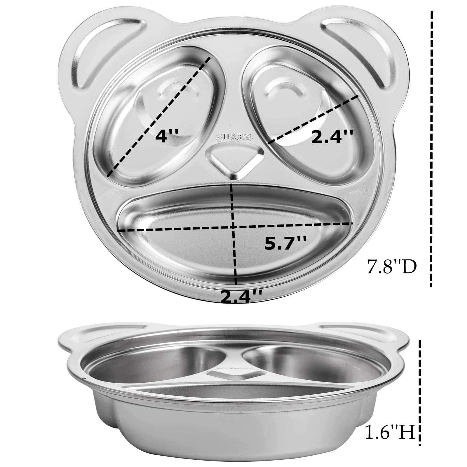 Lyellfe Set of 4 Stainless Steel Divided Plates, 3 Sections Unbreakable Dinner Plates, Cute Panda Shape Divided Plates for Picky Eaters, Lunch, Camping
