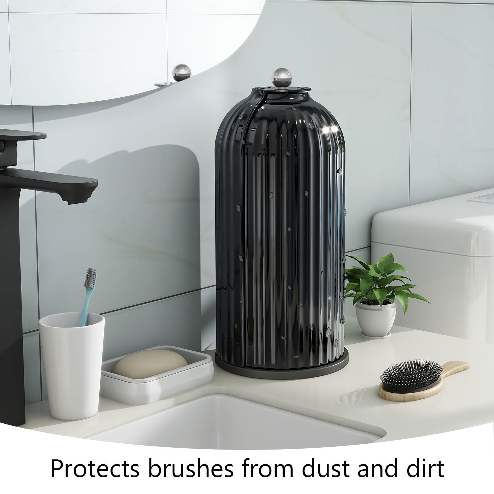 Emljkvp Makeup Brush Holder with Dustproof Cover 360 Rotating Makeup Brush Organizer for Vanity Bathroom, All Black