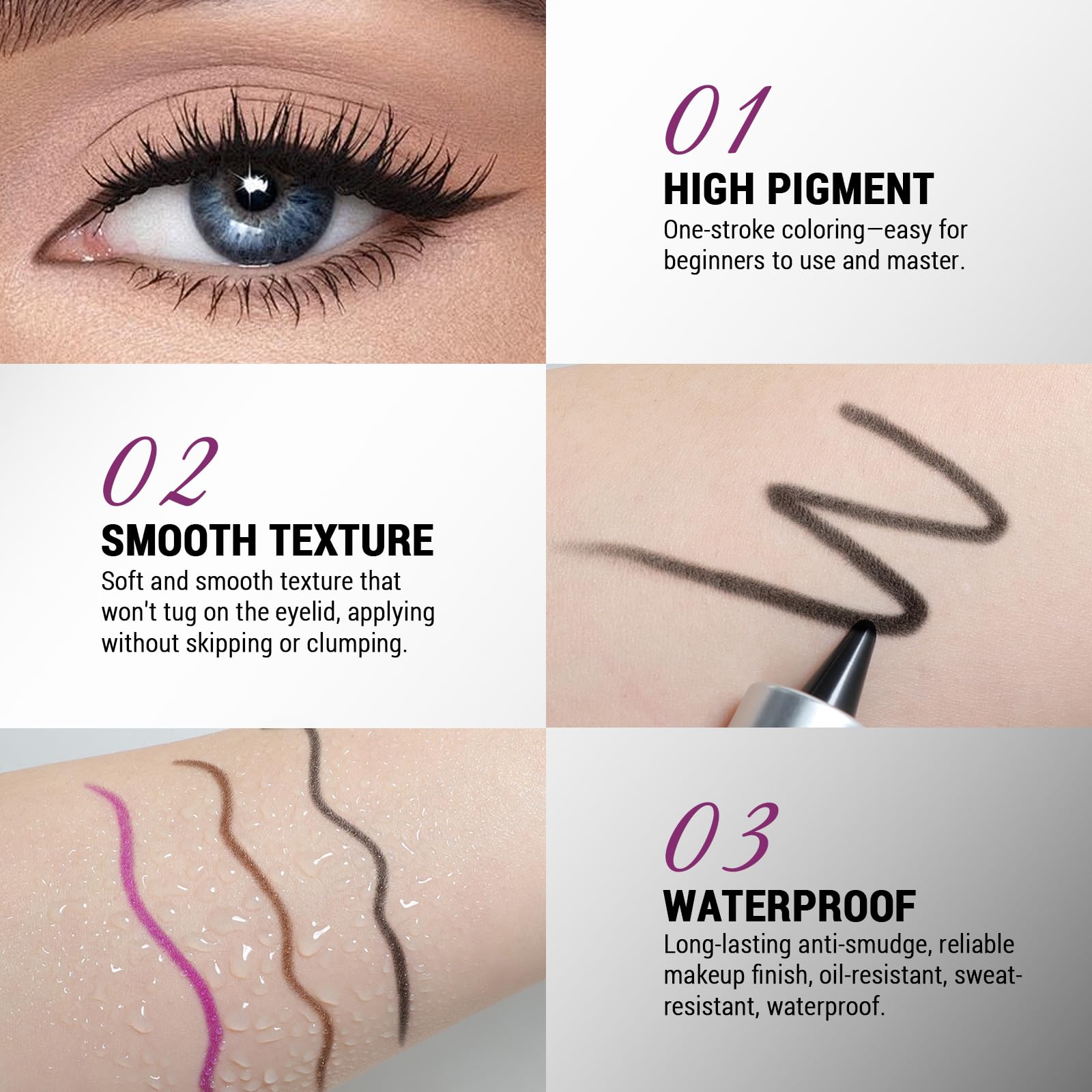 Noerrors 3pcs Black Brown Plum Matte Gel Eyeliner Pencil Set, Waterproof Smudge Proof Smoky Waterline Eyeliner Crayon for Winged Liner Goth Makeup, Cream delineador de ojos&Eyeshadow for Older Women