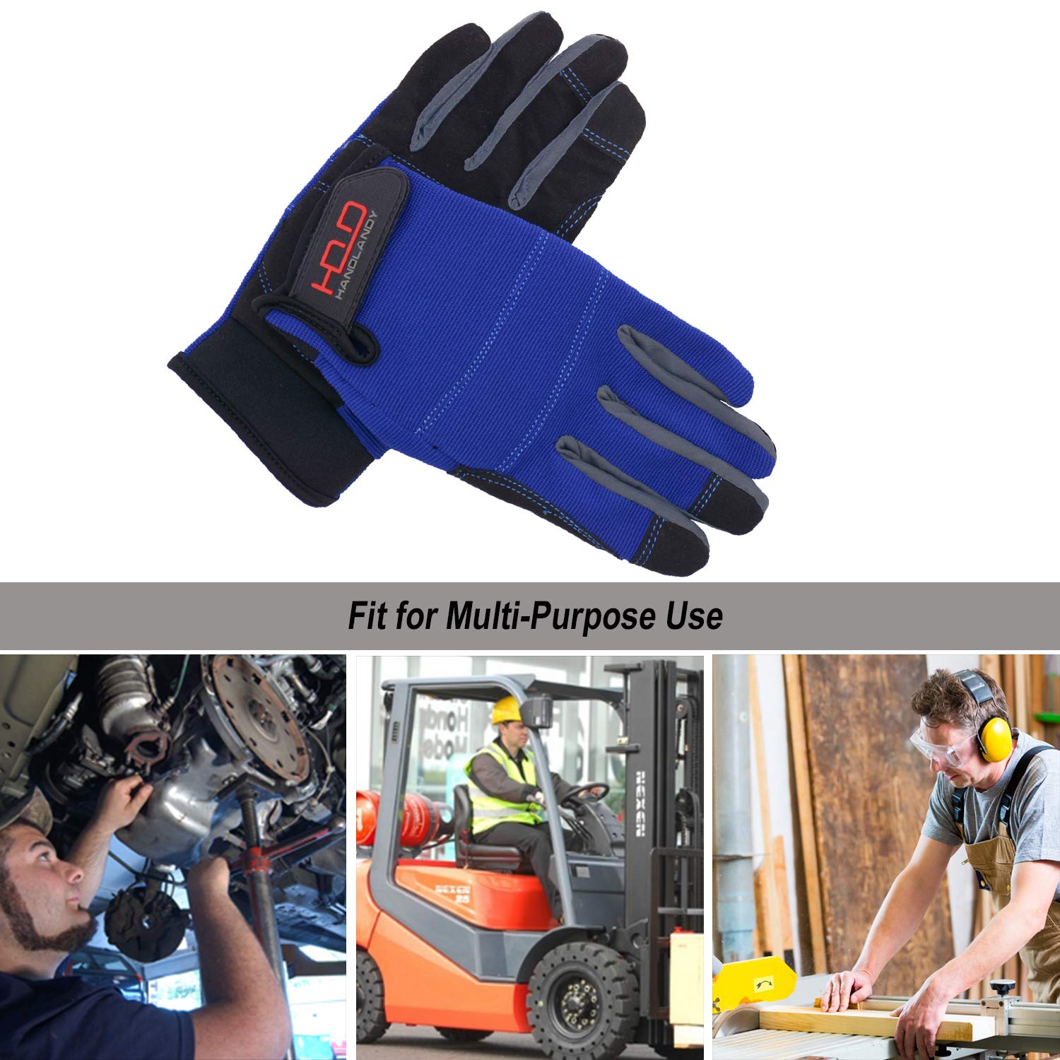 HANDLANDY Mens Work Gloves Touch screen, Synthetic Leather Utility Gloves, Flexible Breathable Spandex - Padded Knuckles & Palm (Extra Large, Blue)