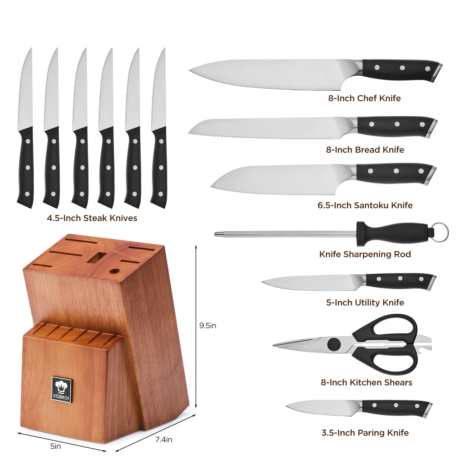 14 PCS Knife Set with Oak Wood Block,High Carbon Stainless Steel Kitchen Knife Set with Chef Knife, Santoku, Bread, Paring,Steak Knives, Kitchen Shears Sharp Knife Block Set with Sharpener