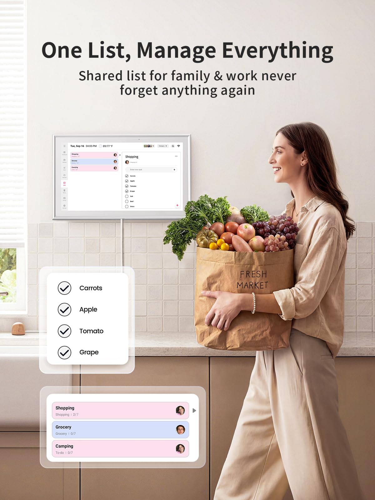 Digital Calendar 15.6 Inch - Smart Chore Chart & Wall Planner, No Subscription Electronic Calendar for Family, Meals, Photo Display, Wall/Desk Mount, Touch Screen, Gifts for Women Men, Gifts for Mom