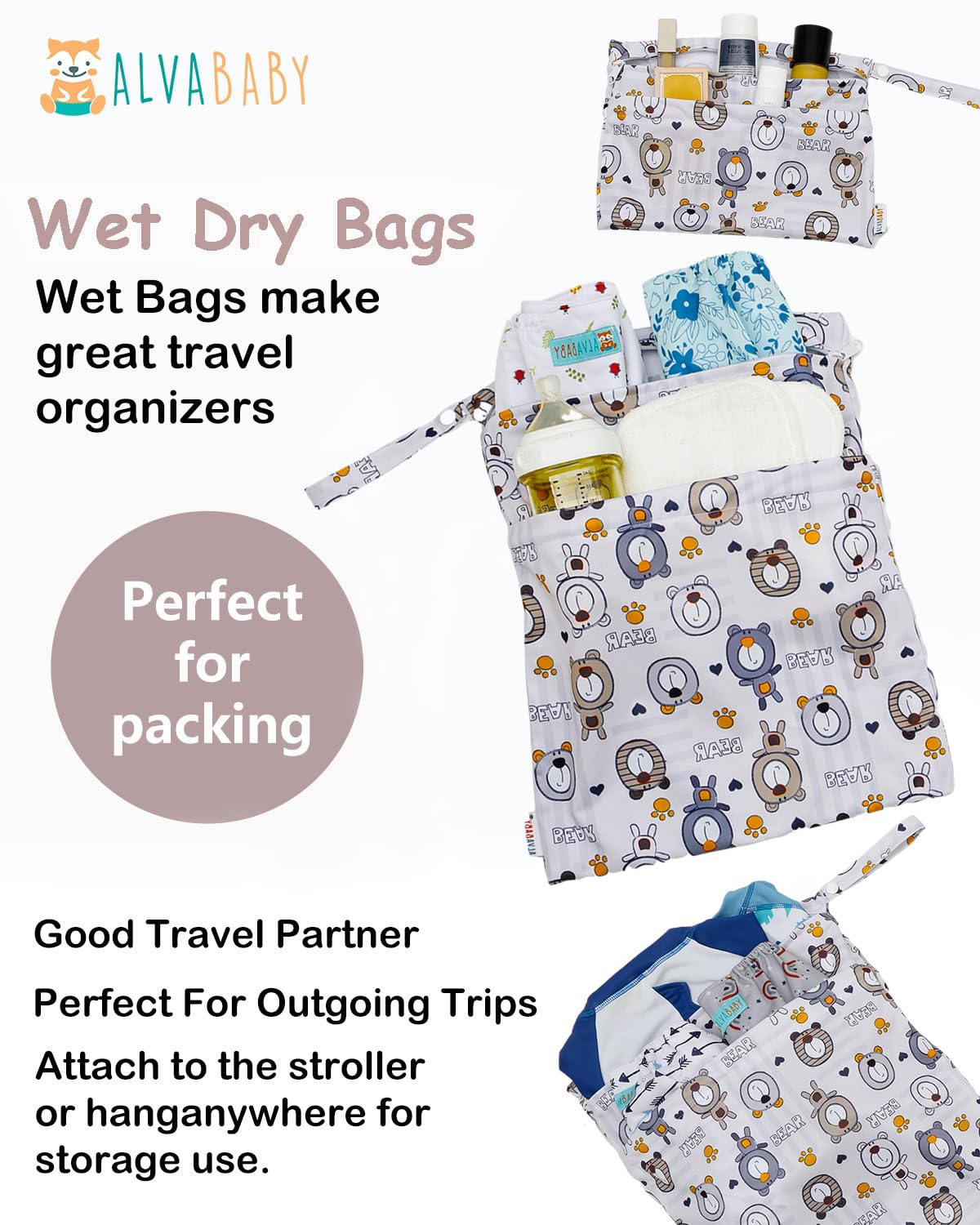 ALVA ALVABABY 3pcs Cloth Diaper Wet Dry Bags Waterproof Reusable with Two Zippered Pockets Travel Beach Pool Daycare Soiled Baby Items Yoga Gym Bag for Swimsuits or Wet Clothes 3L-SML11