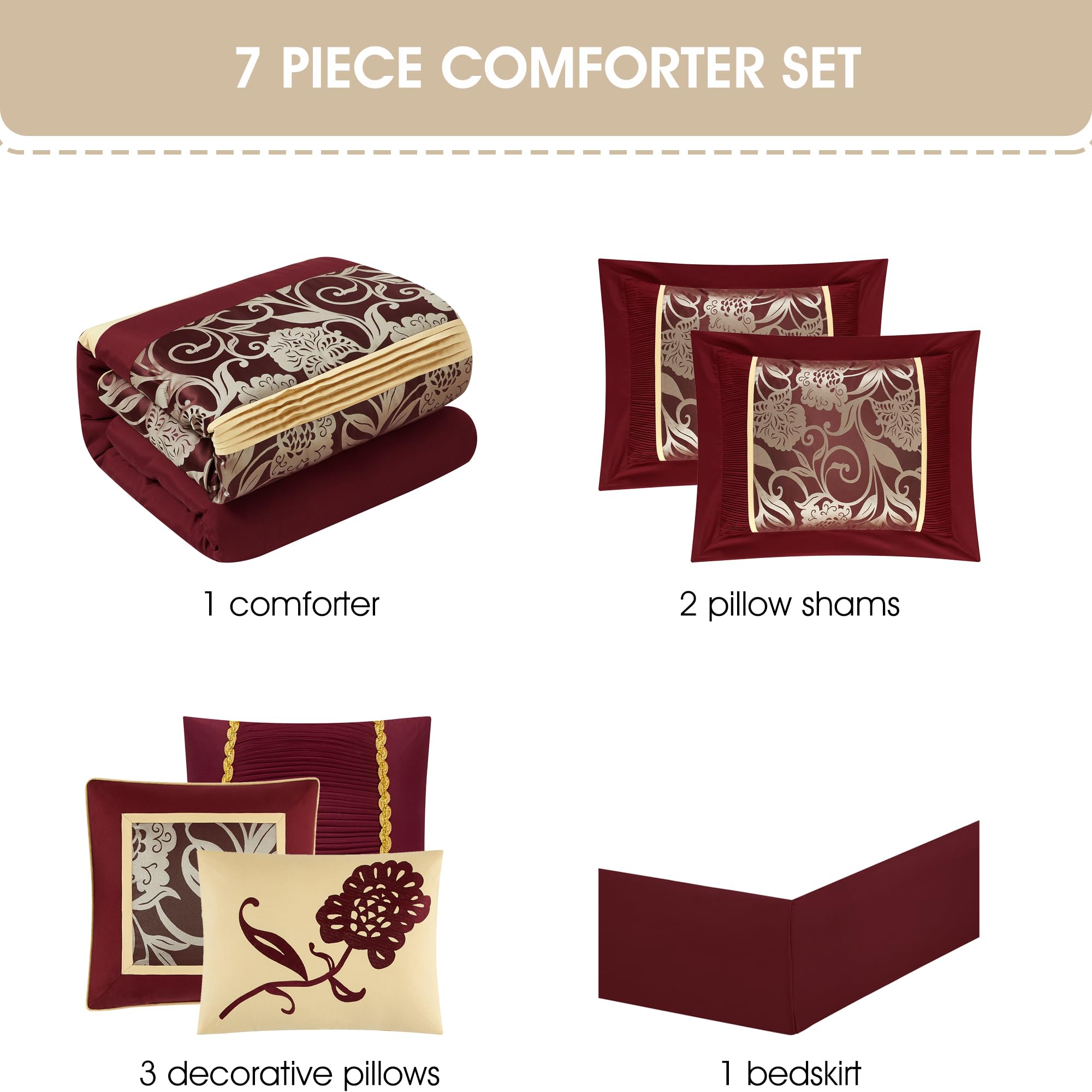 Stratford Park Jacquard 7-Piece Comforter Bedding Set, Red, California King, Floral Bedding Set, Matching Bedskirt, Pillows & Shams