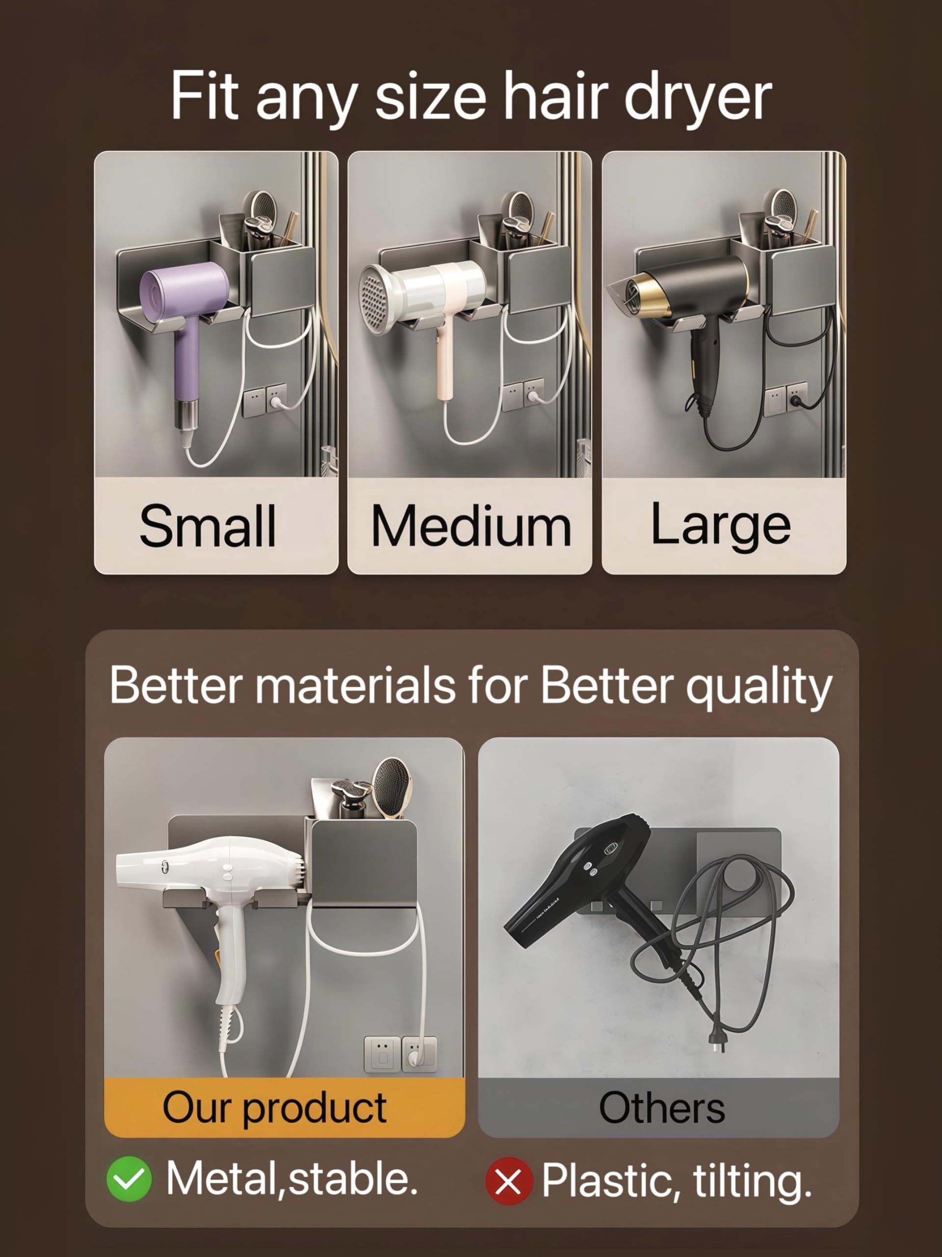 Hair Dryer Holder Wall Mounted, Hair Tool Organizer, Metal Self Adhesive Hair Blow Dryer Stand for Bathroom (Black)