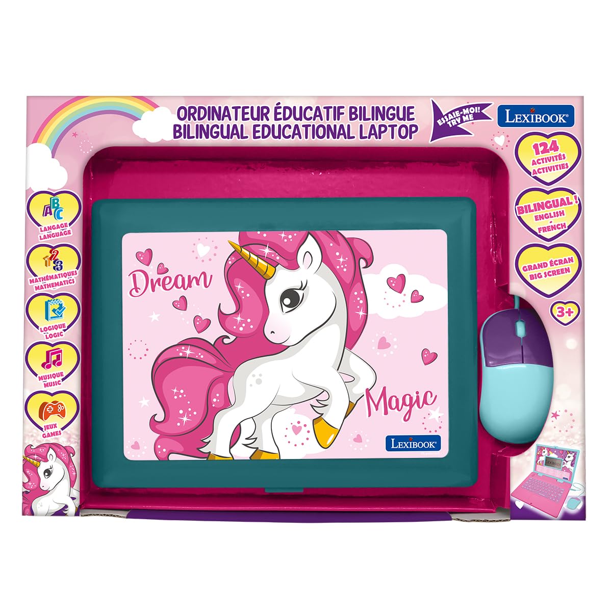 LEXiBOOK - Unicorn Educational and Bilingual Laptop Spanish/English - Toy for Children with 124 Activities to Learn Mathematics, Dactylography, Logic, Clock Reading, Play Games and Music - JC598UNIi2