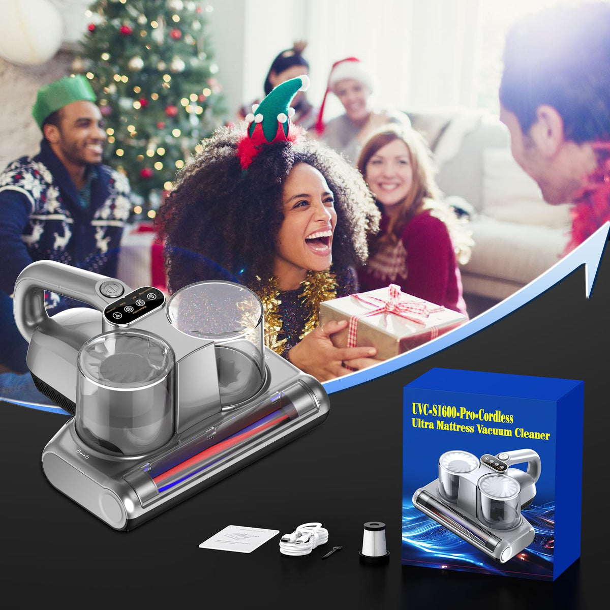 Mattress Vacuum Cleaner Cordless Bed Vacuum with 16Kpa Suction 253.7nm UV-C Light, Ultrasonic Technology, 30000 RPM Powerful Rotation HEPA Filtration, Built-in 4*2500 mAh Battery, High/Low Dual Modes