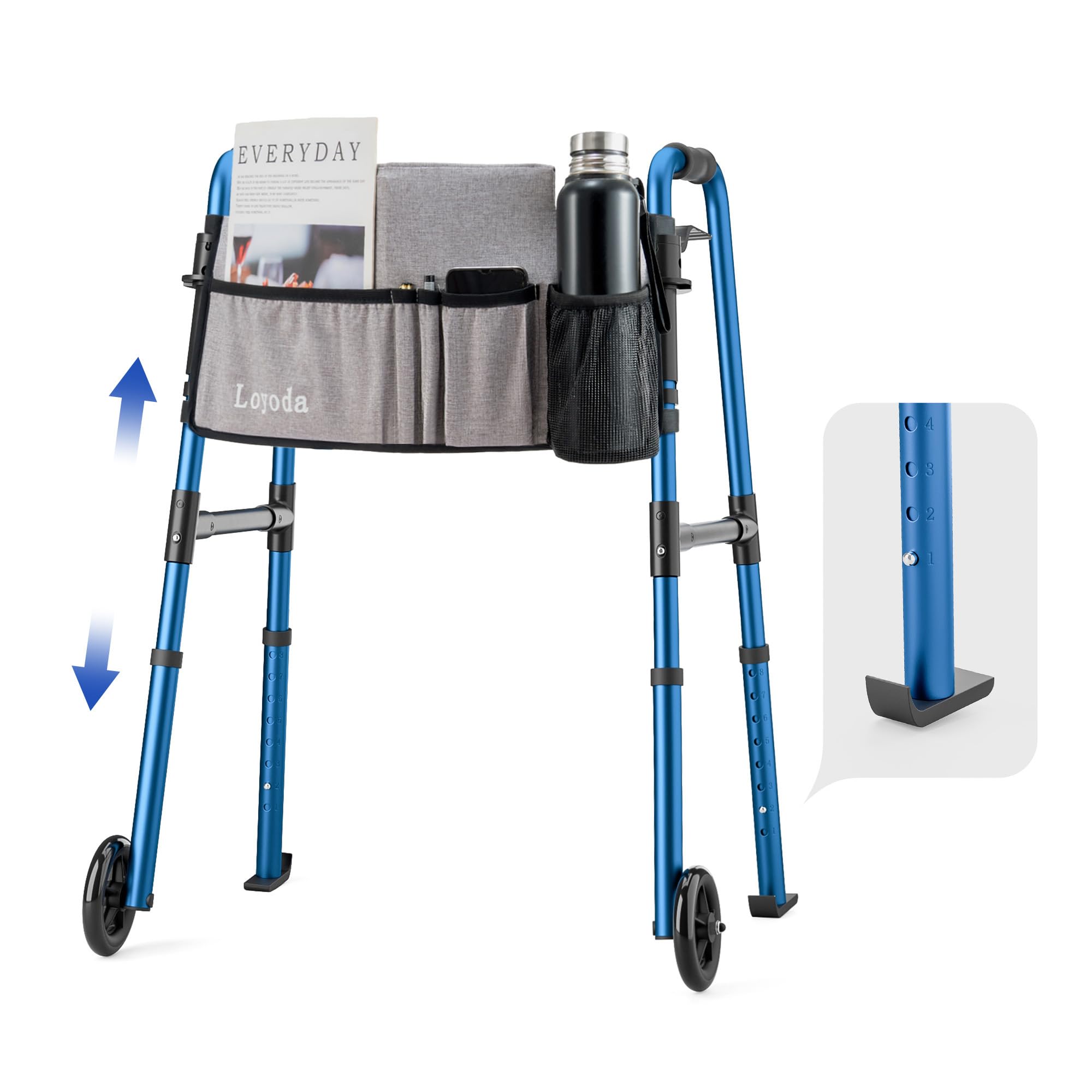 Loyoda Folding Walker for Seniors, Front Wheel Walker with Storage Bag & Rear Ski Glides, Height Adjustable, 350lbs Capacity, Blue