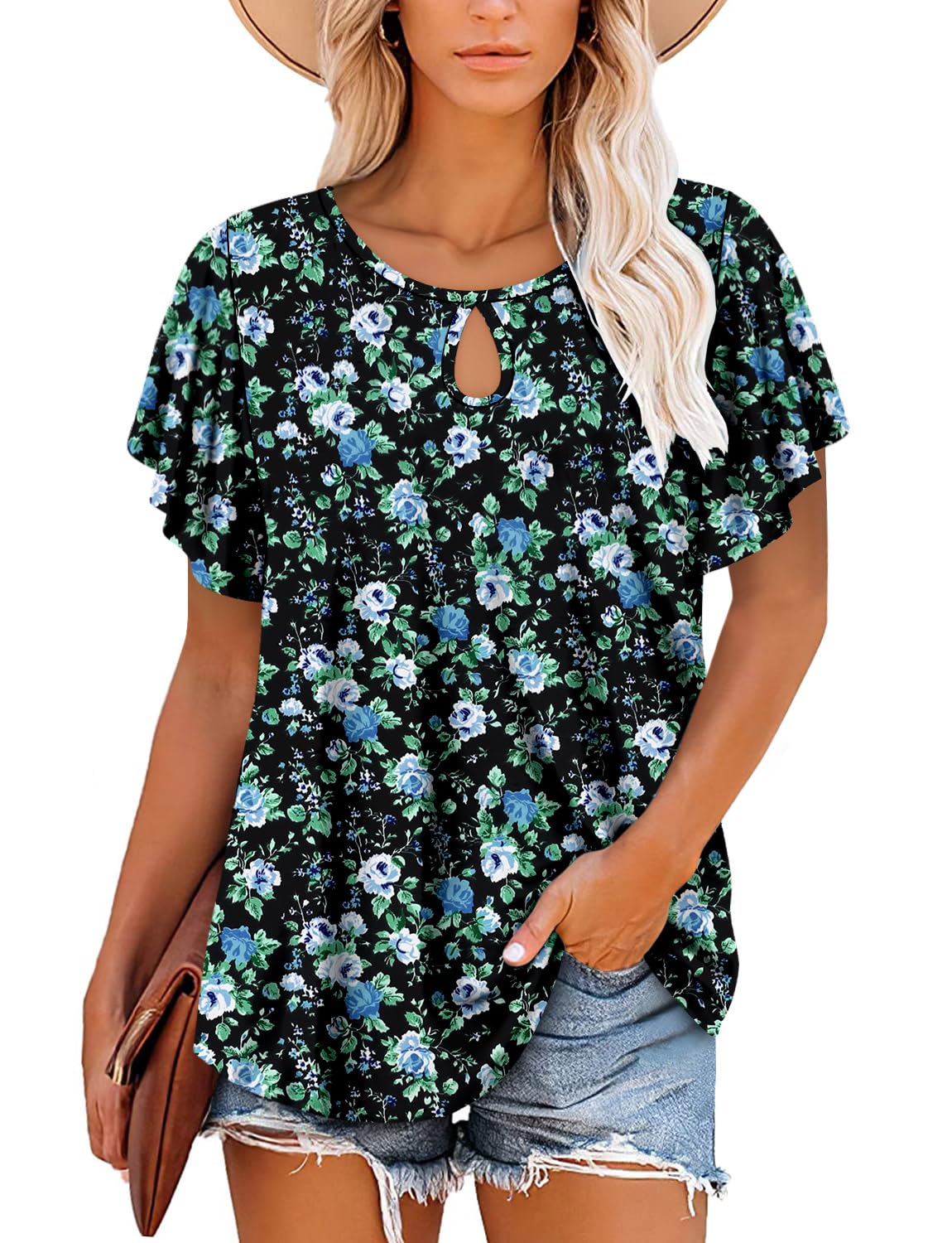 ONLYSHE Womens Tops Dressy Casual Summer Tops Floral Short Sleeve Tunic Blouse Shirts BlackBW XL