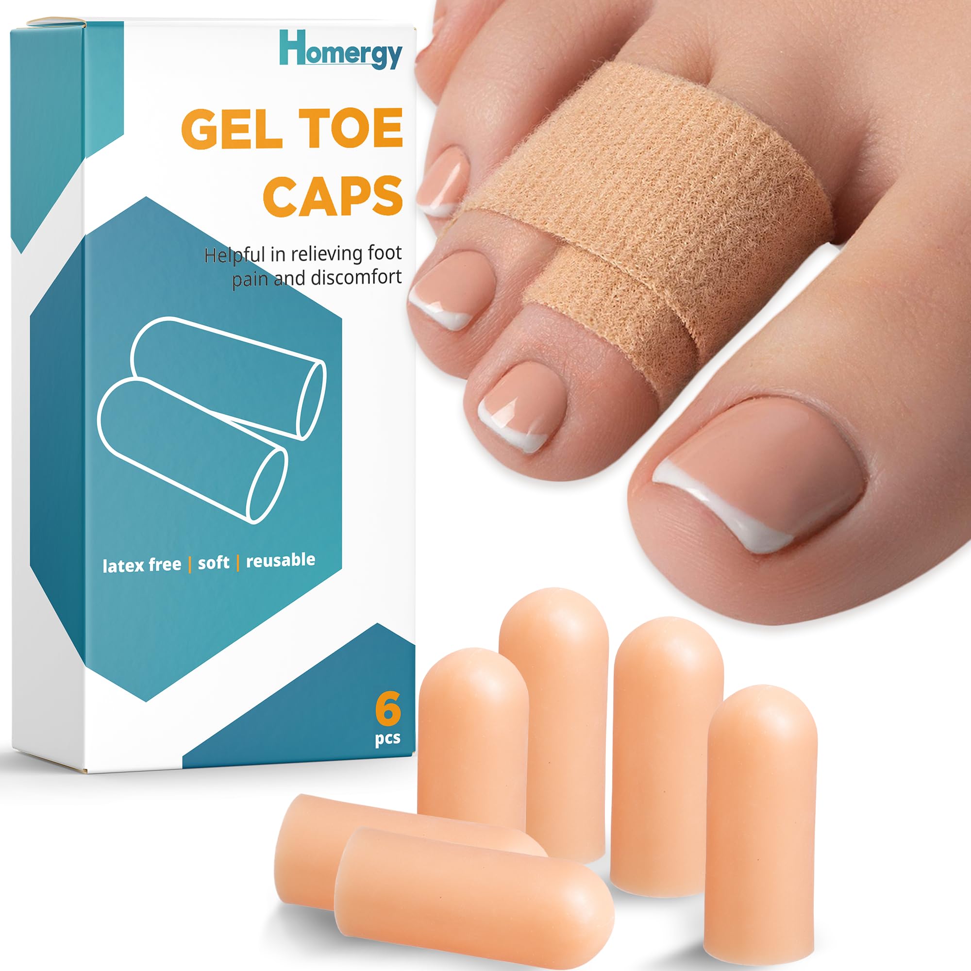 Homergy Original Soft Gel Toe Cap - 6 Big Toe Protectors and Hammer Toe Straightener Corrector Splint - 4 Pcs for Women & Men